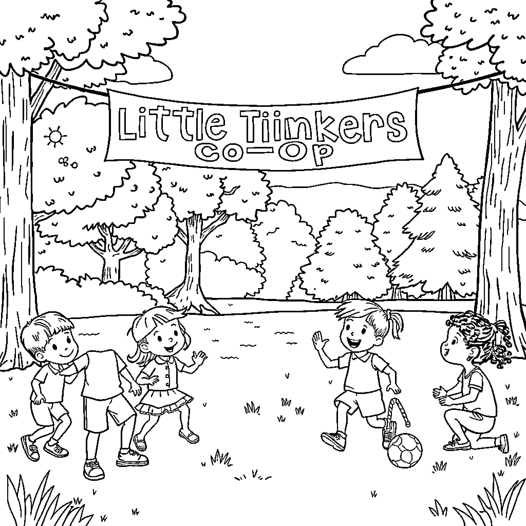 Kids playing together at Little Thinkers co-op Coloring Page (free black-and-white line drawing printable PDF for all, from beginners to advanced learners, including children, teens, adults, and seniors)