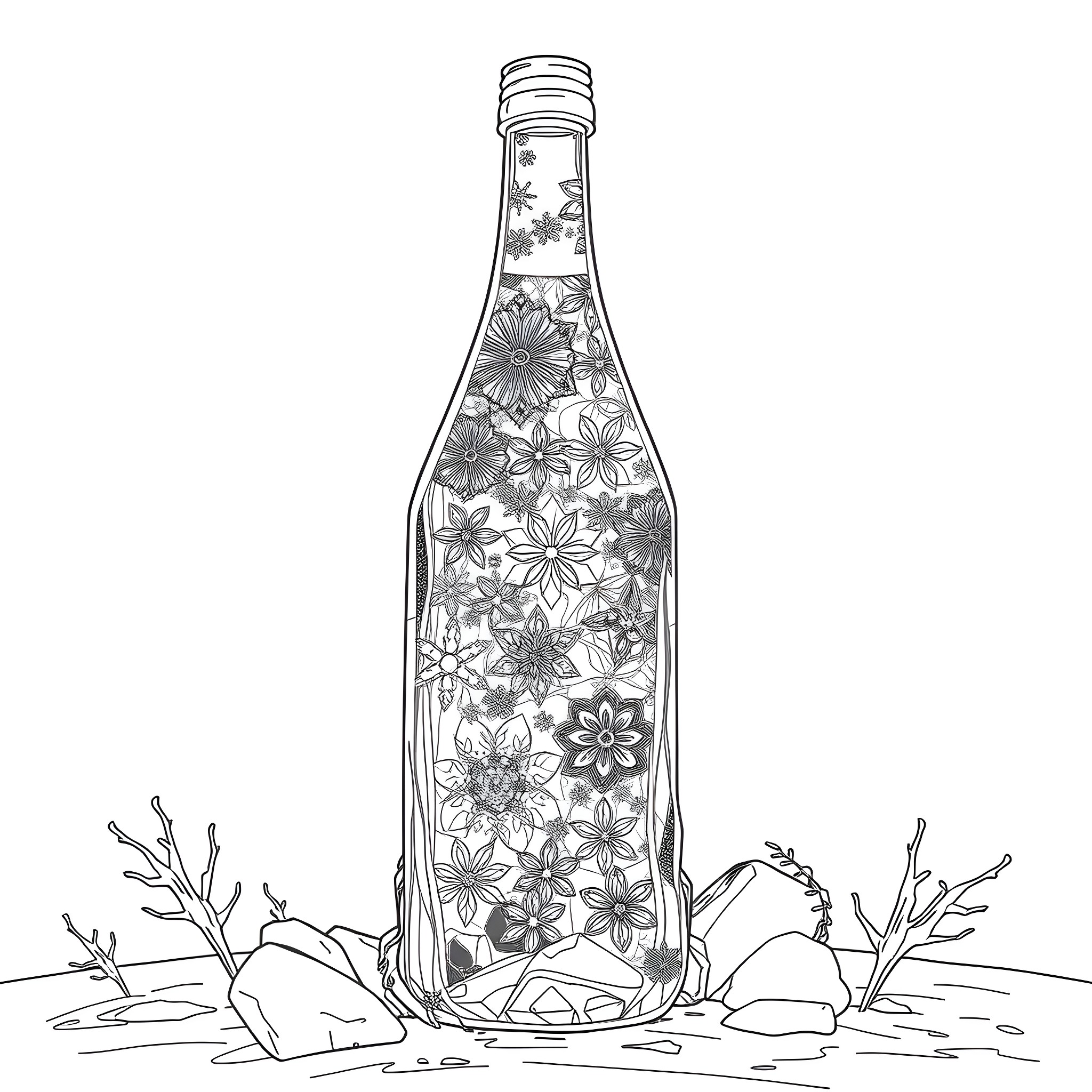 Bottle filled with blooming flowers Coloring Page (free black-and-white line drawing printable PDF for all, from beginners to advanced learners, including children, teens, adults, and seniors)