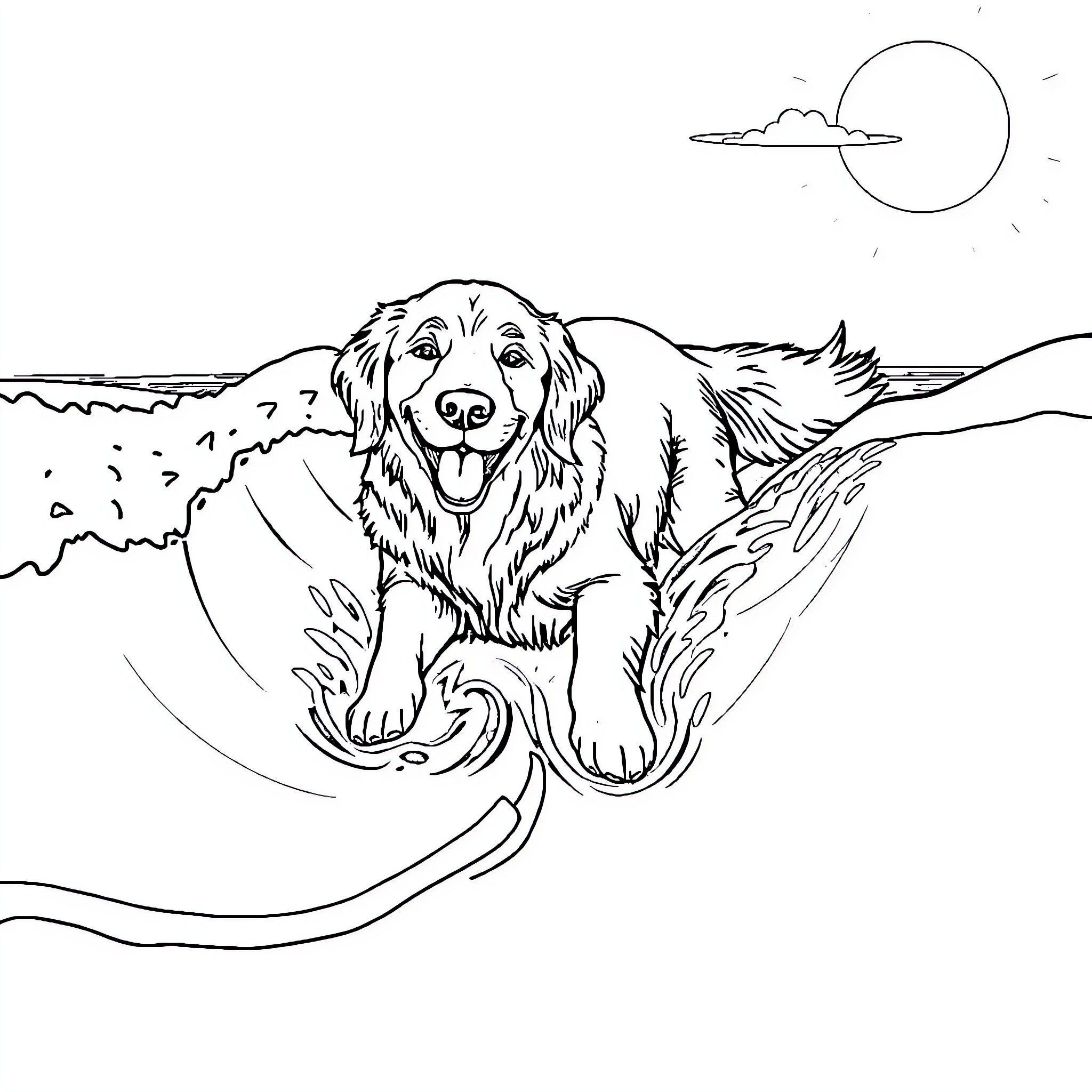 Golden Retriever enjoying the outdoors Coloring Page (free black-and-white line drawing printable PDF for all, from beginners to advanced learners, including children, teens, adults, and seniors)