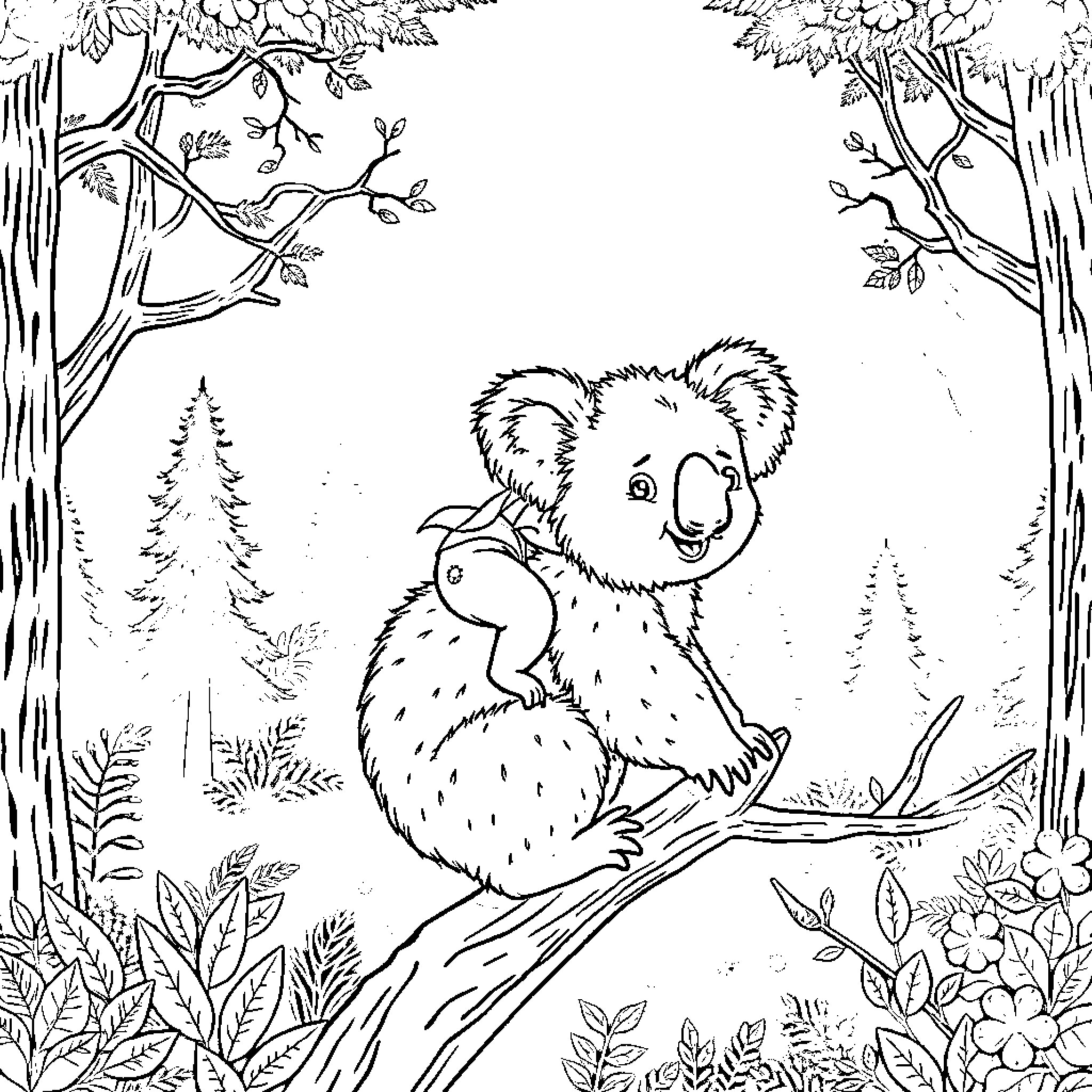 Baby Koala Explores Enchanting Forest Scenery Coloring Page (free black-and-white line drawing printable PDF for all, from beginners to advanced learners, including children, teens, adults, and seniors)