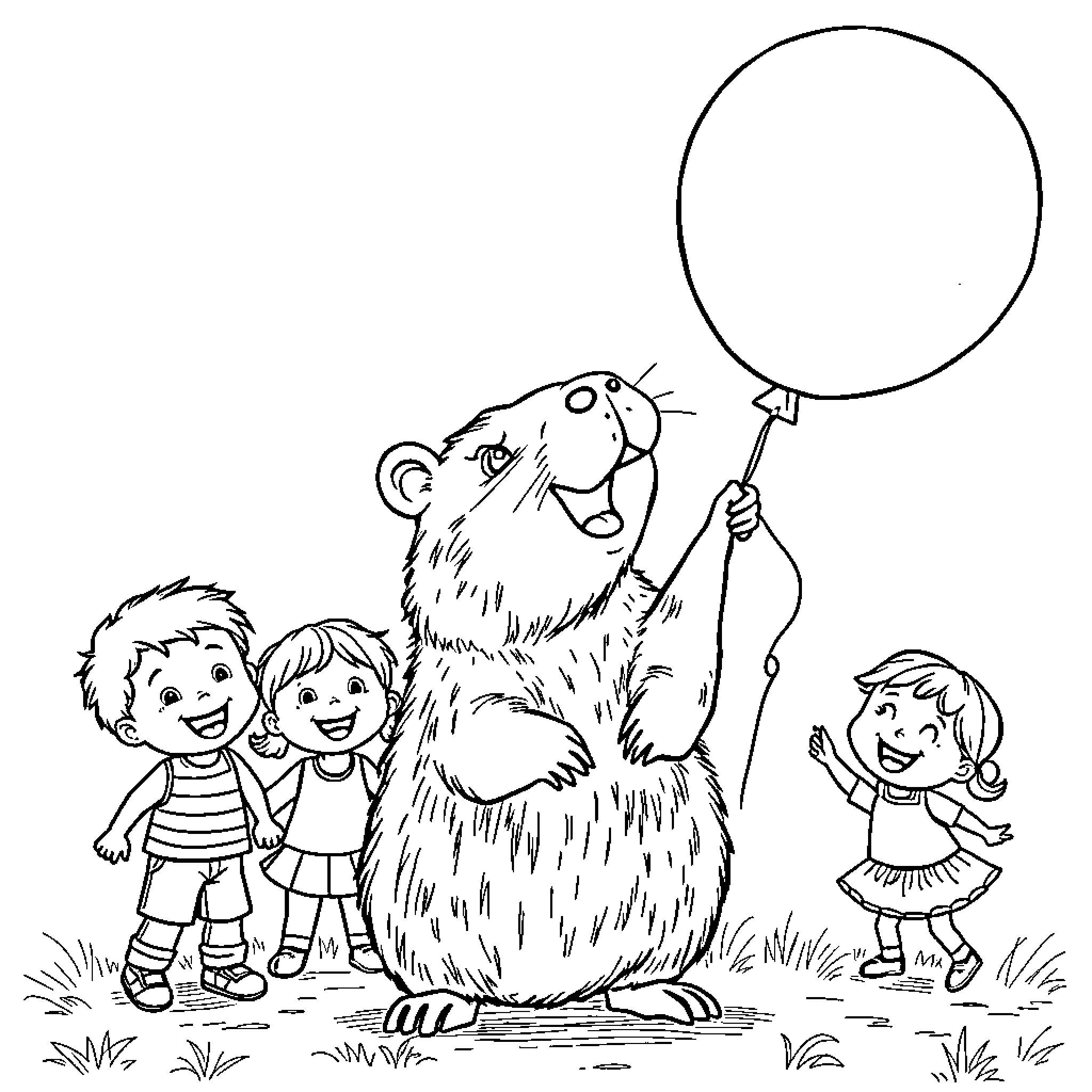 Capybara and children enjoying outdoor playtime Coloring Page (free black-and-white line drawing printable PDF for all, from beginners to advanced learners, including children, teens, adults, and seniors)