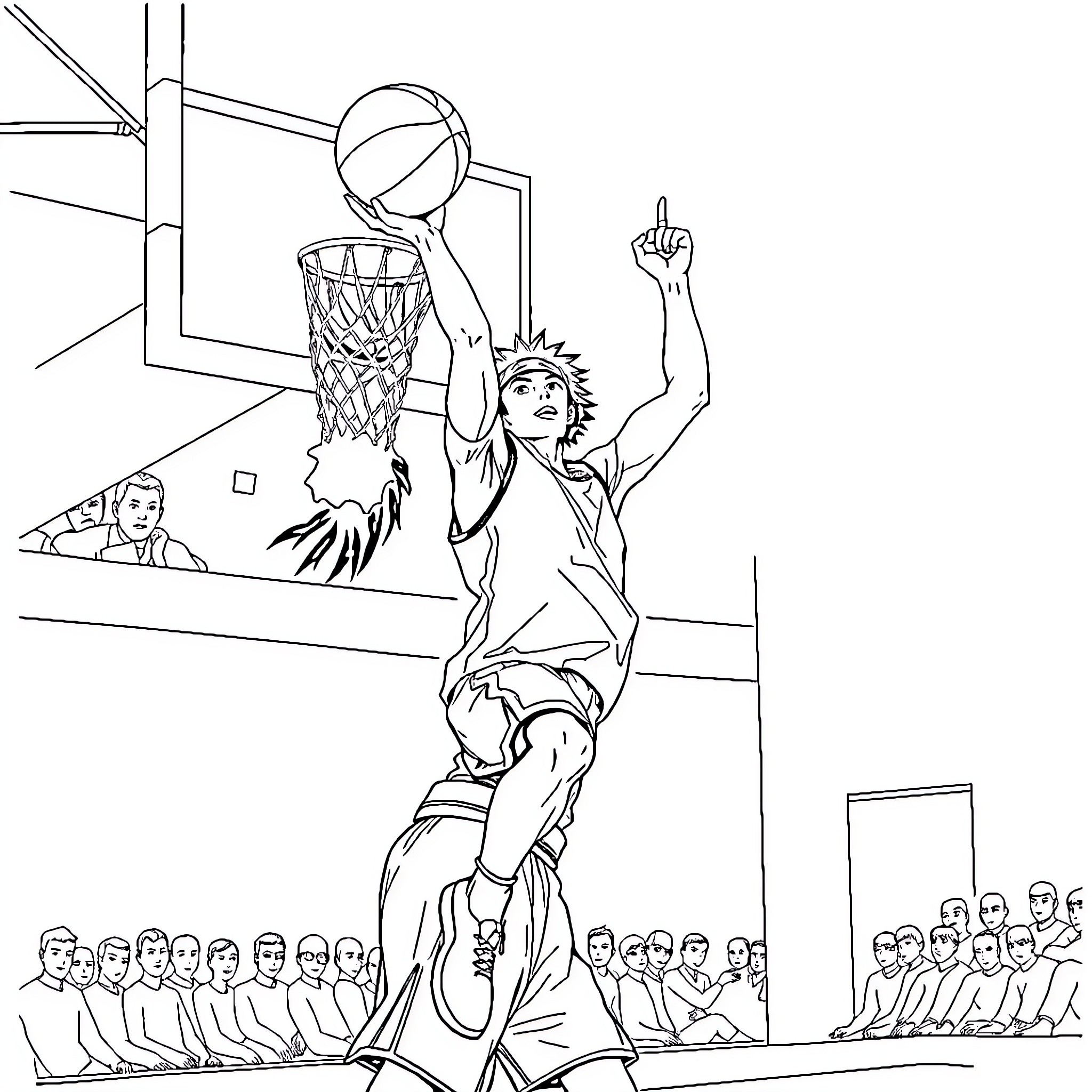 Itachi's Triumphant Basketball Dunk Coloring Page (free black-and-white line drawing printable PDF for all, from beginners to advanced learners, including children, teens, adults, and seniors)