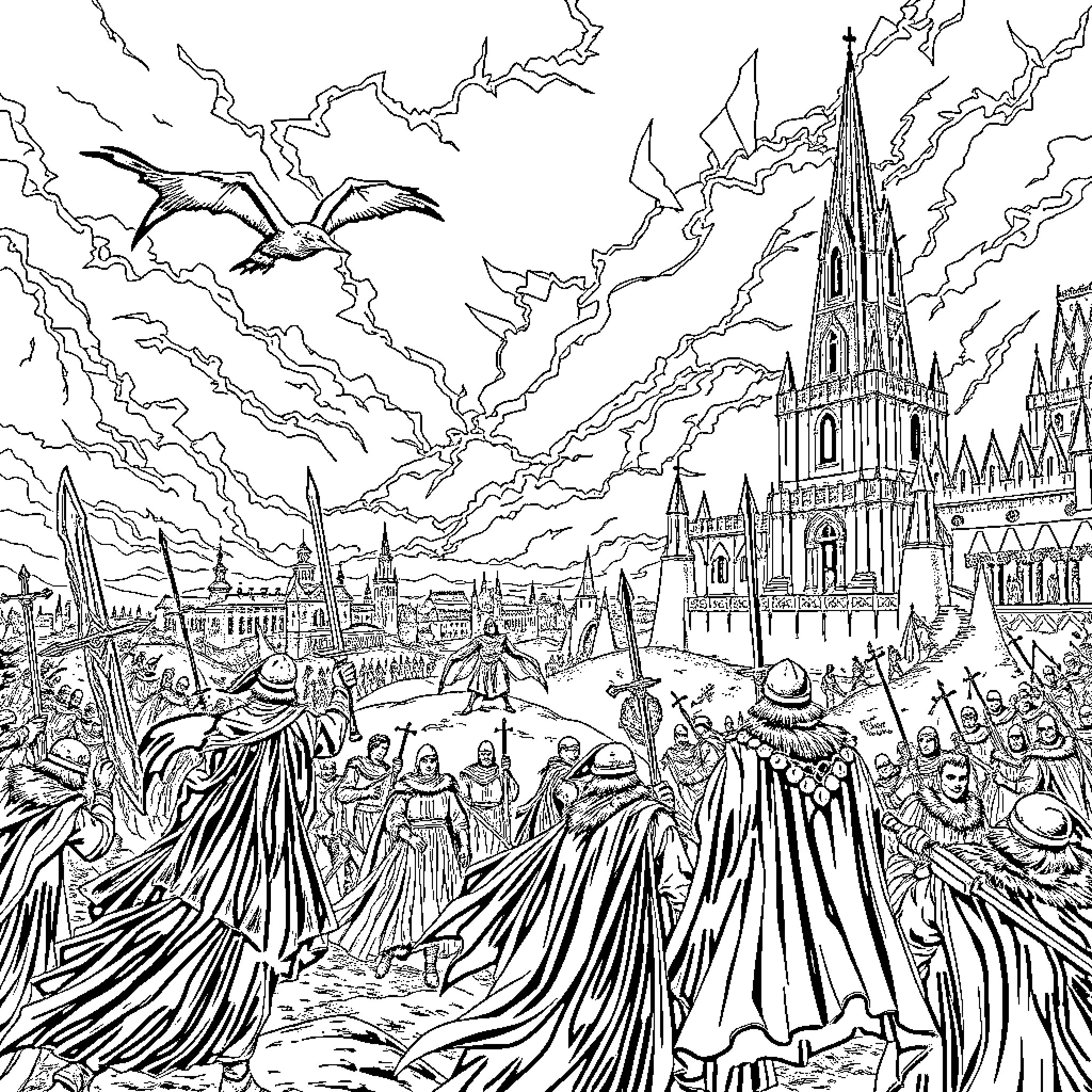 Game of Thrones: Procession of Robed Figures in Fantastical City Coloring Page (free black-and-white line drawing printable PDF for all, from beginners to advanced learners, including children, teens, adults, and seniors)