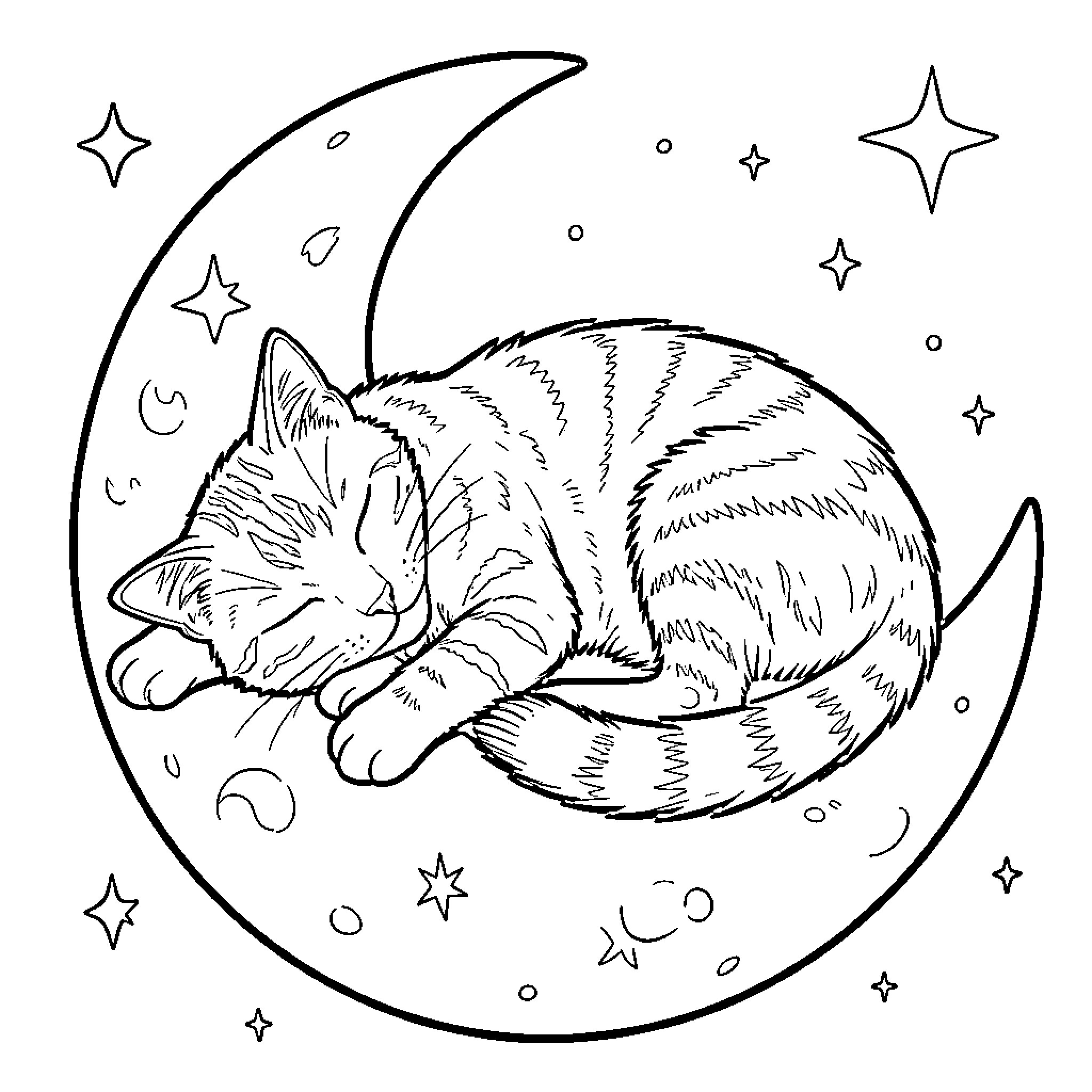 Cat sleeping peacefully under the starry night sky Coloring Page (free black-and-white line drawing printable PDF for all, from beginners to advanced learners, including children, teens, adults, and seniors)