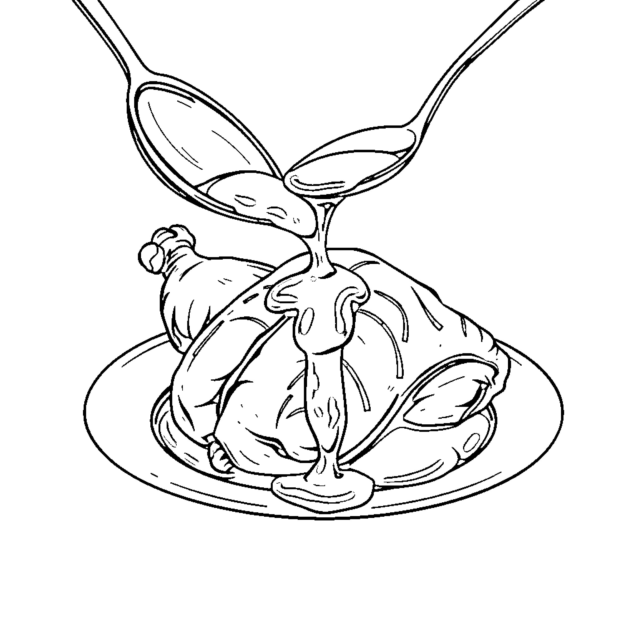 Chicken dish on plate with utensils Coloring Page (free black-and-white line drawing printable PDF for all, from beginners to advanced learners, including children, teens, adults, and seniors)