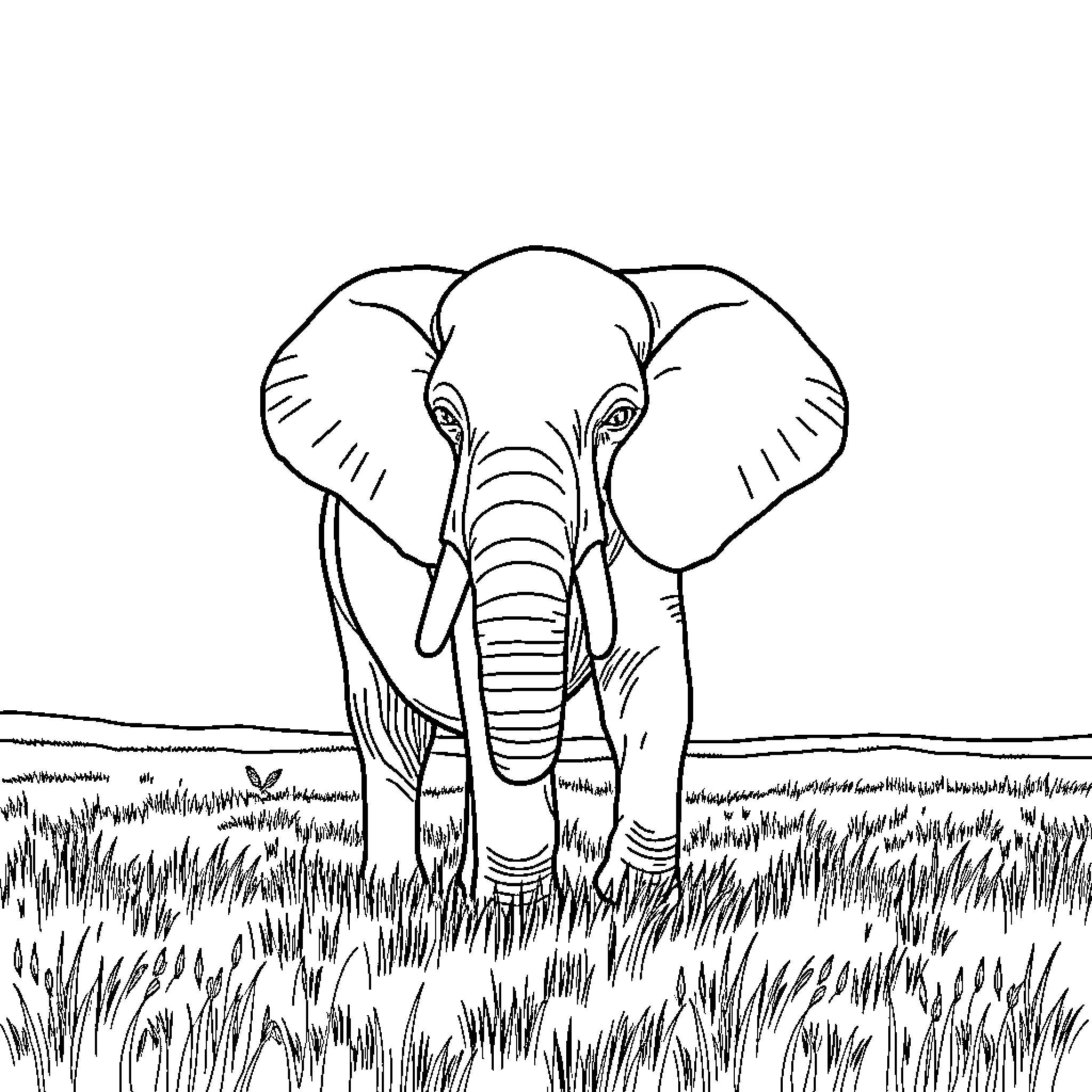 Elephant standing in a grassy field Coloring Page (free black-and-white line drawing printable PDF for all, from beginners to advanced learners, including children, teens, adults, and seniors)