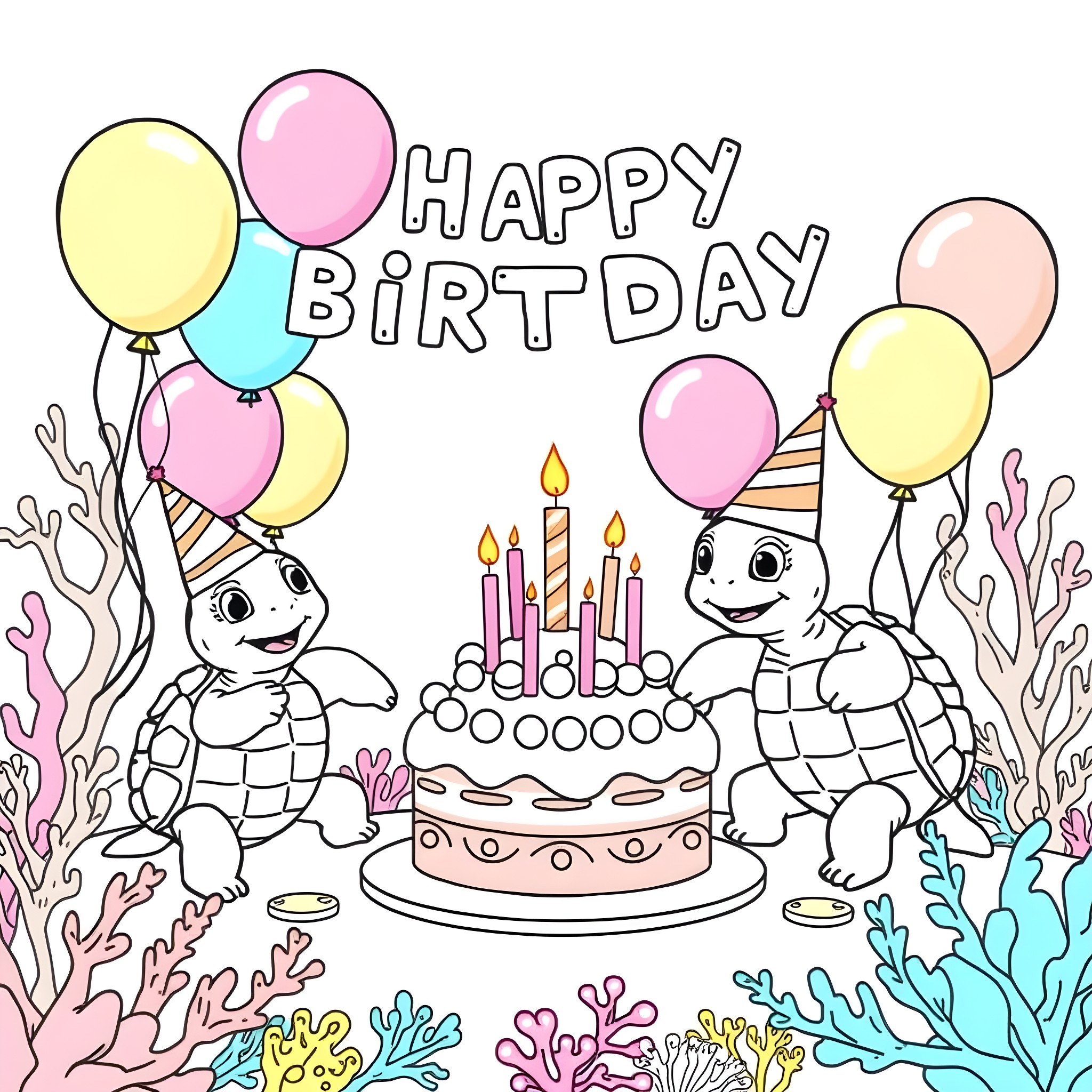 Turtles celebrating a happy birthday with balloons and cake Coloring Page (free black-and-white line drawing printable PDF for all, from beginners to advanced learners, including children, teens, adults, and seniors)