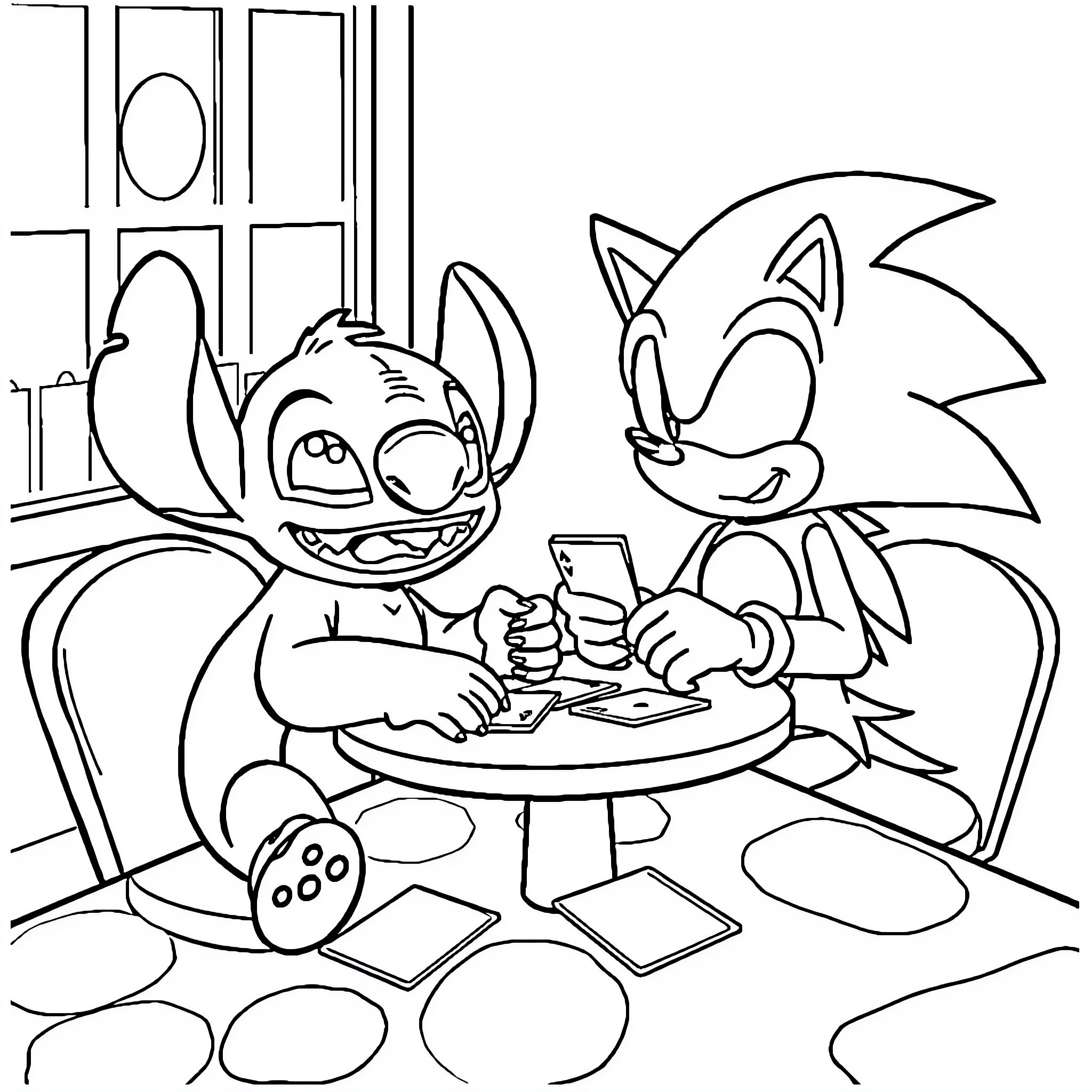 Stitch and Sonic playing video games together Coloring Page (free black-and-white line drawing printable PDF for all, from beginners to advanced learners, including children, teens, adults, and seniors)