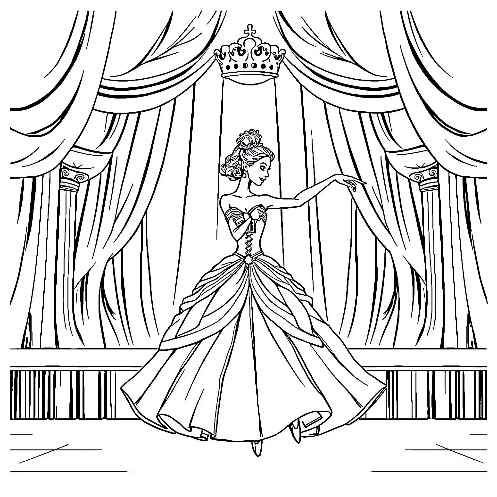 Princess gracefully dancing on stage Coloring Page (free black-and-white line drawing printable PDF for all, from beginners to advanced learners, including children, teens, adults, and seniors)