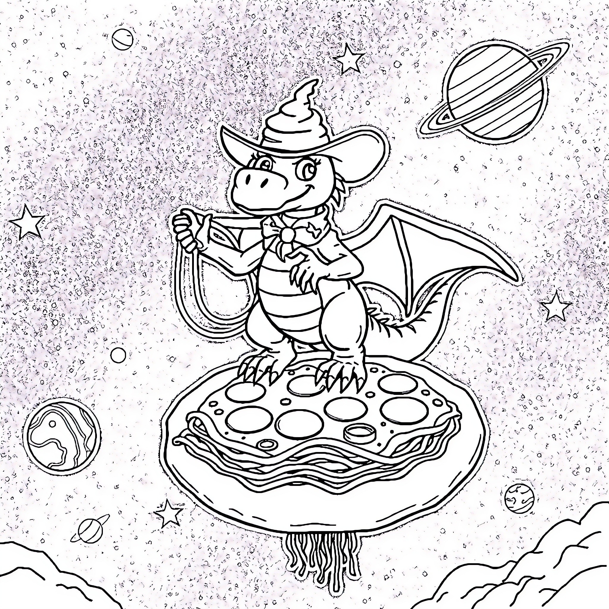 Dragon-like creature exploring cosmic landscape Coloring Page (free black-and-white line drawing printable PDF for all, from beginners to advanced learners, including children, teens, adults, and seniors)