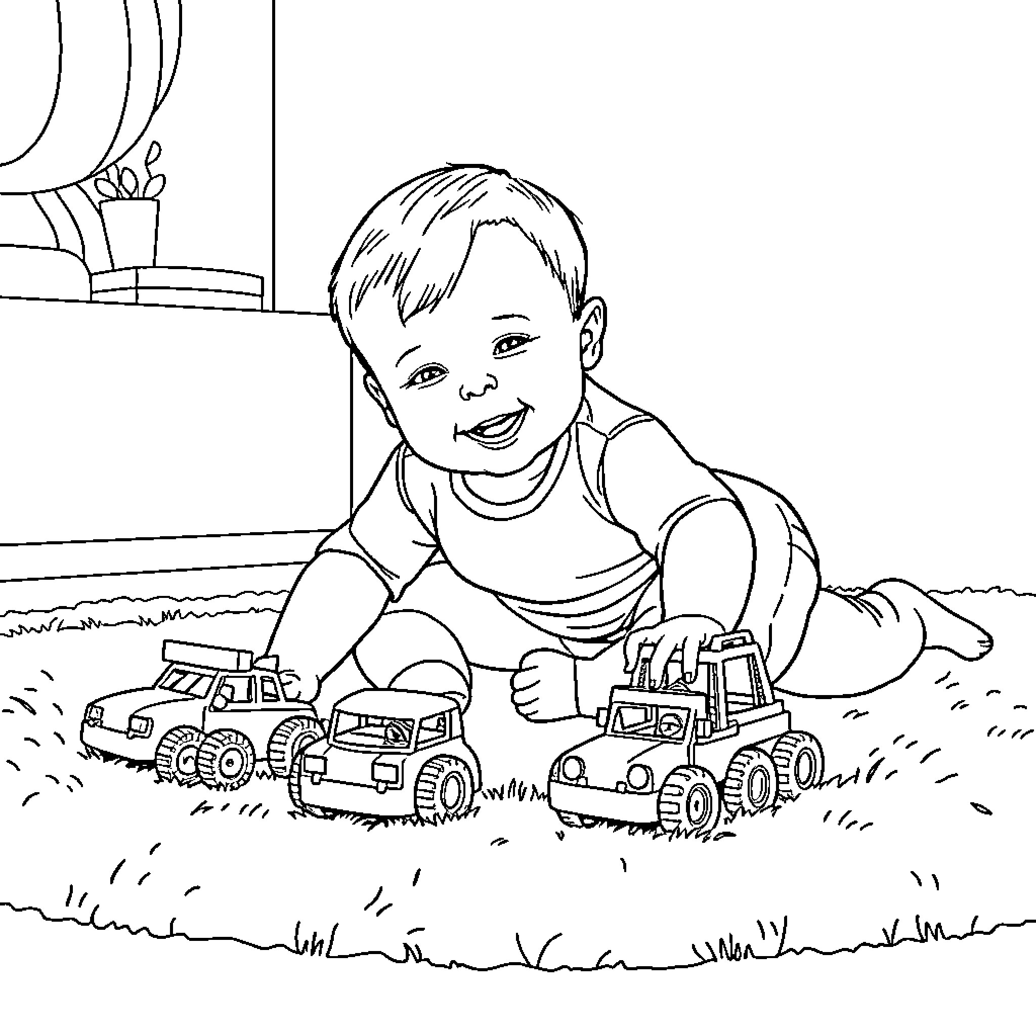 Baby playing joyfully with toy trucks Coloring Page (free black-and-white line drawing printable PDF for all, from beginners to advanced learners, including children, teens, adults, and seniors)