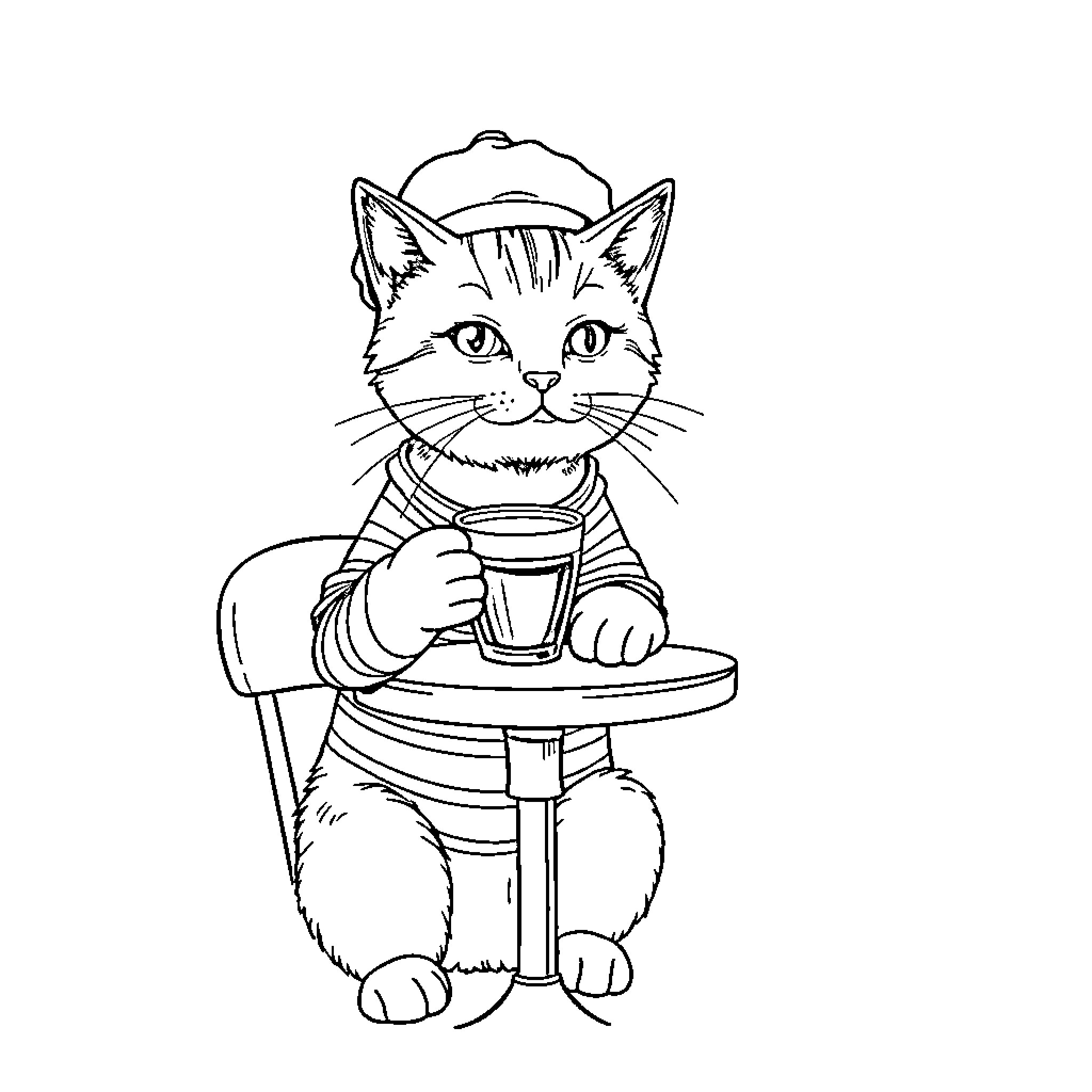 Cat enjoying a drink at the cafe Coloring Page (free black-and-white line drawing printable PDF for all, from beginners to advanced learners, including children, teens, adults, and seniors)