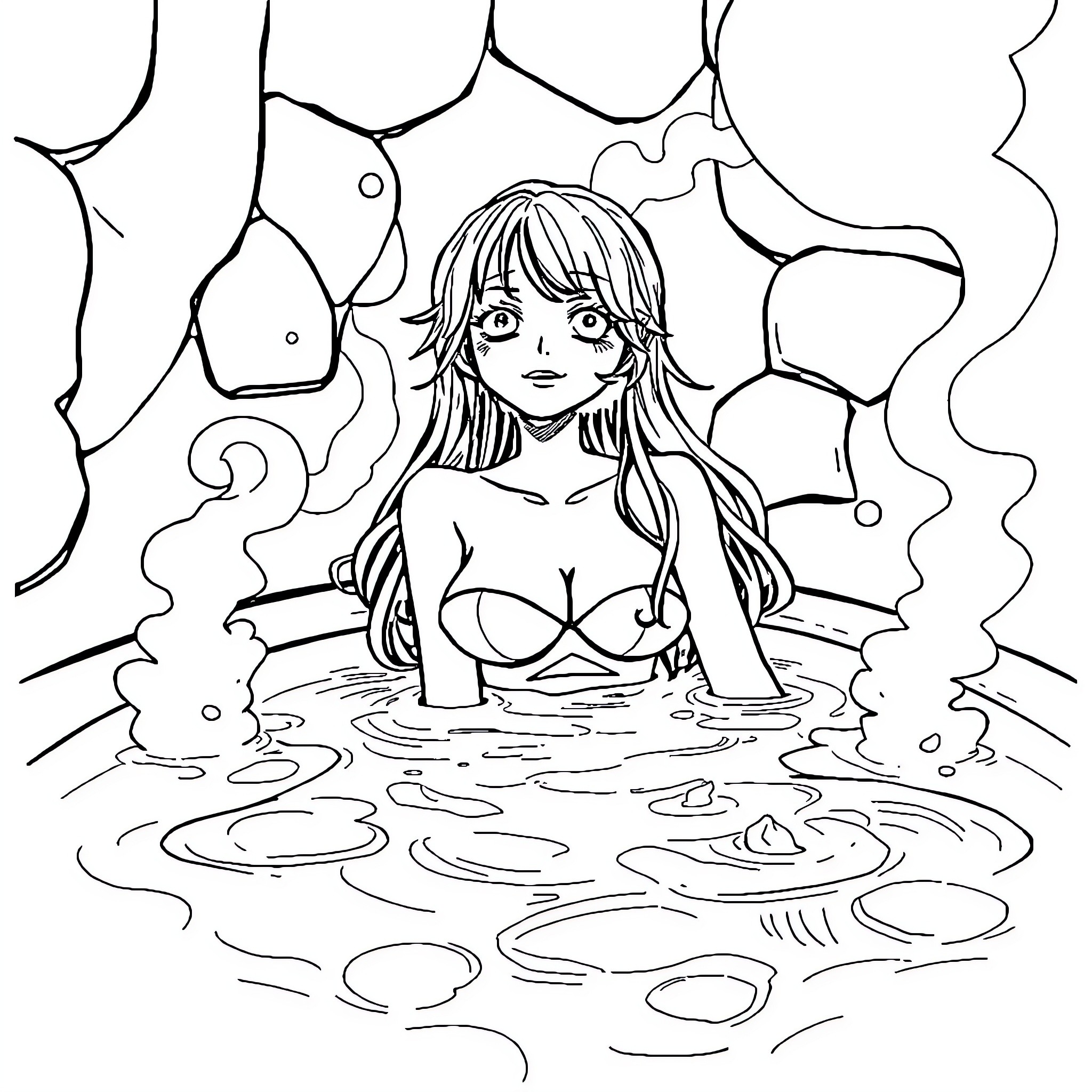 Nami enjoying a relaxing swim in the ocean Coloring Page (free black-and-white line drawing printable PDF for all, from beginners to advanced learners, including children, teens, adults, and seniors)