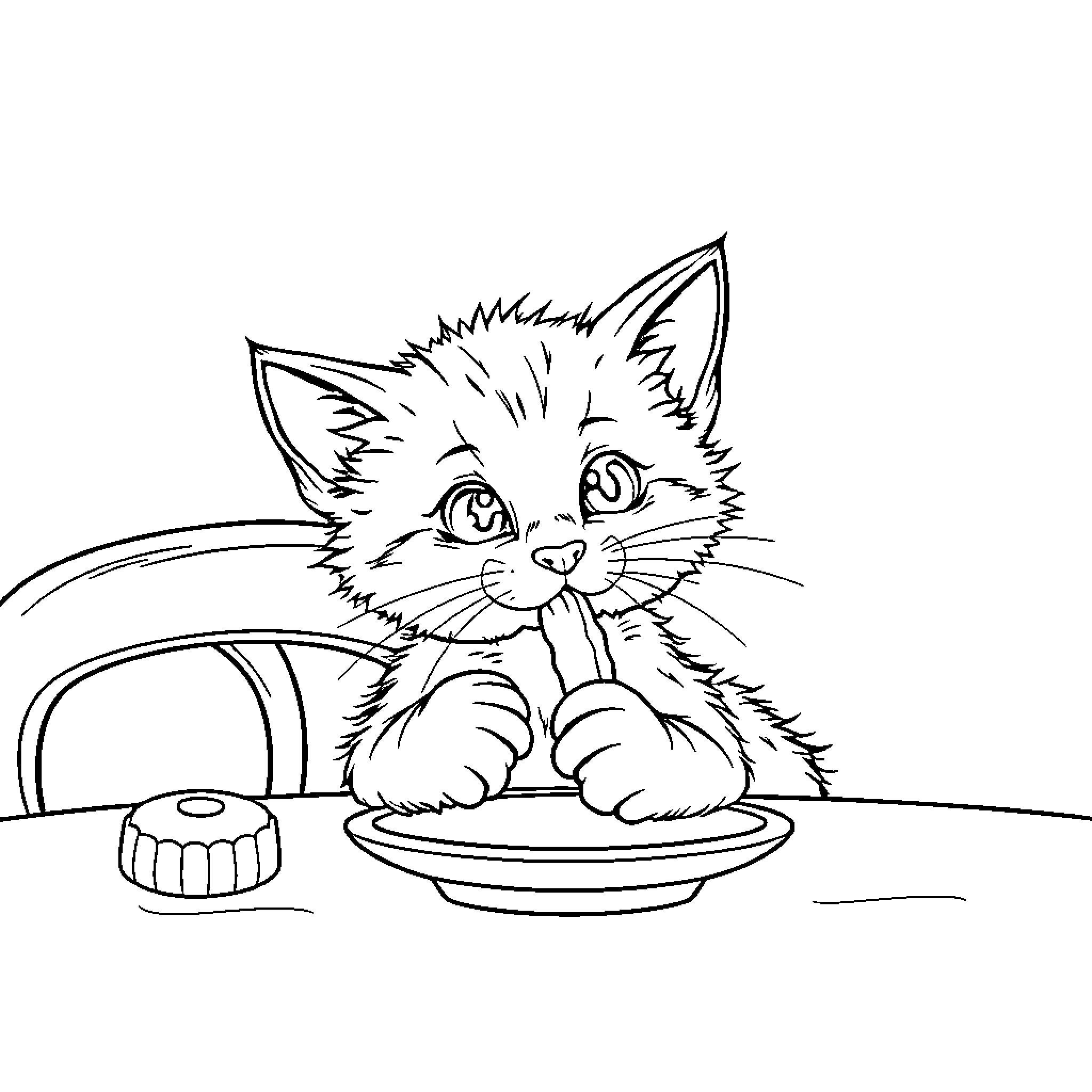 Cat playing with food in the kitchen Coloring Page (free black-and-white line drawing printable PDF for all, from beginners to advanced learners, including children, teens, adults, and seniors)