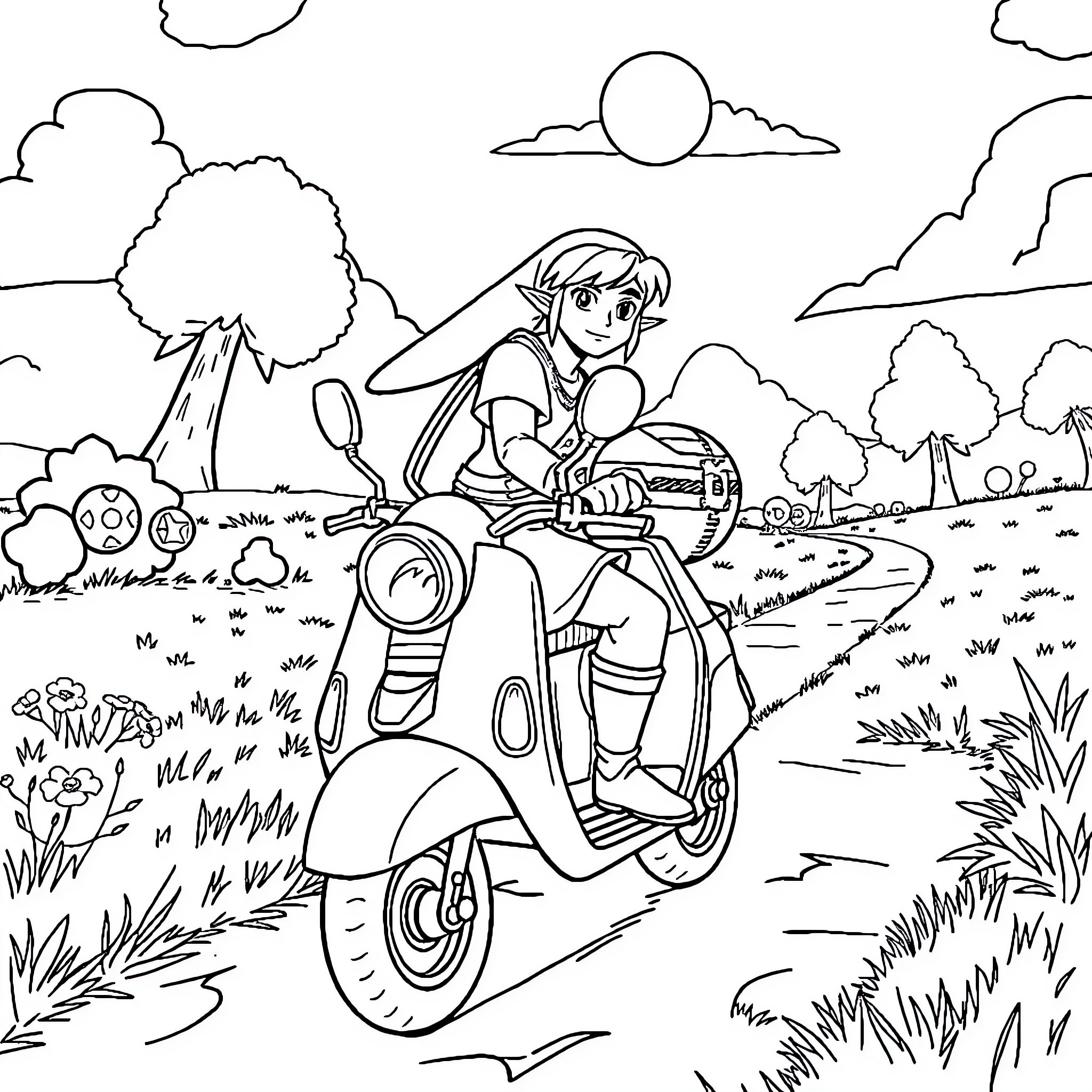 Link on an adventure with a scooter in the countryside Coloring Page (free black-and-white line drawing printable PDF for all, from beginners to advanced learners, including children, teens, adults, and seniors)