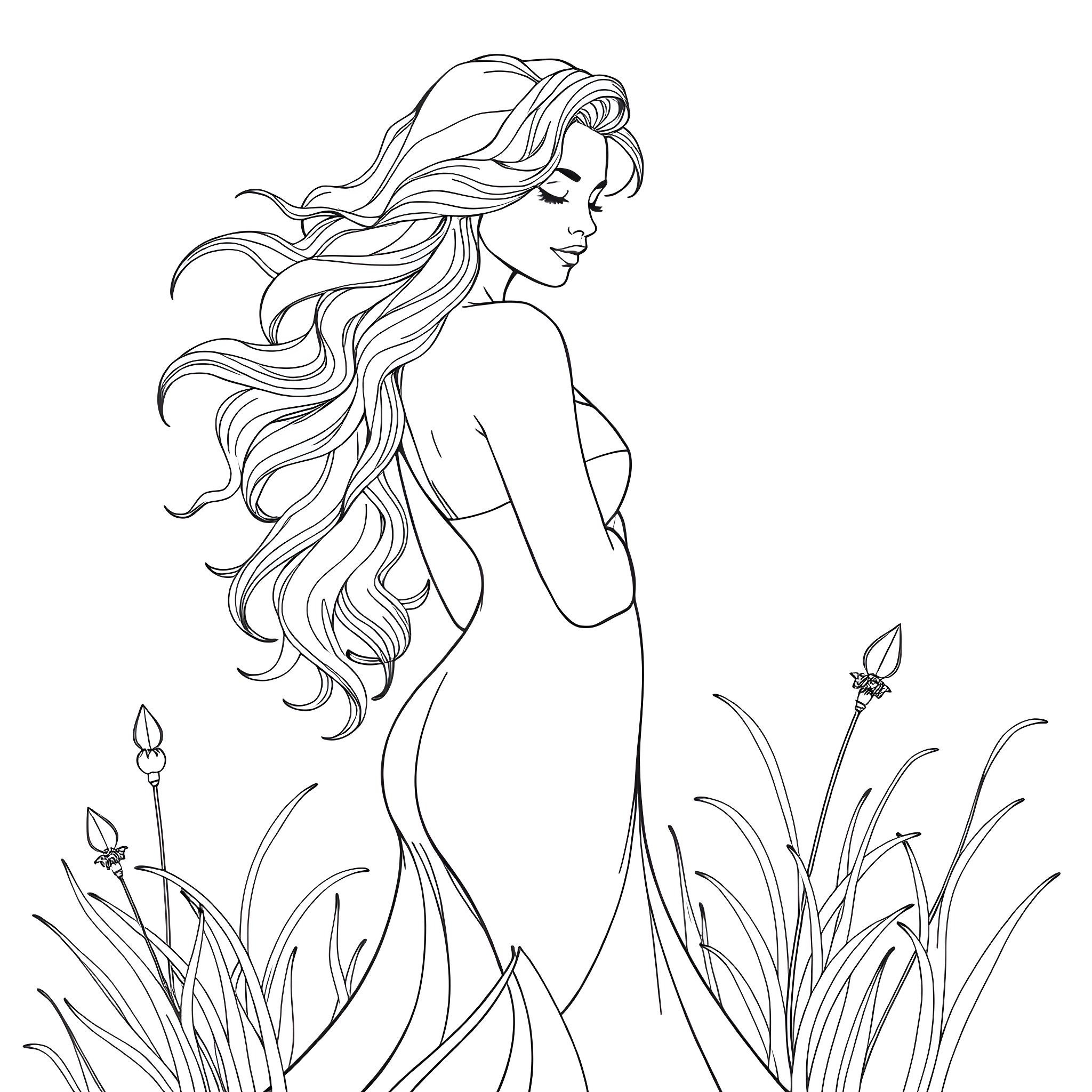 Woman with flowing hair admiring nature Coloring Page (free black-and-white line drawing printable PDF for all, from beginners to advanced learners, including children, teens, adults, and seniors)