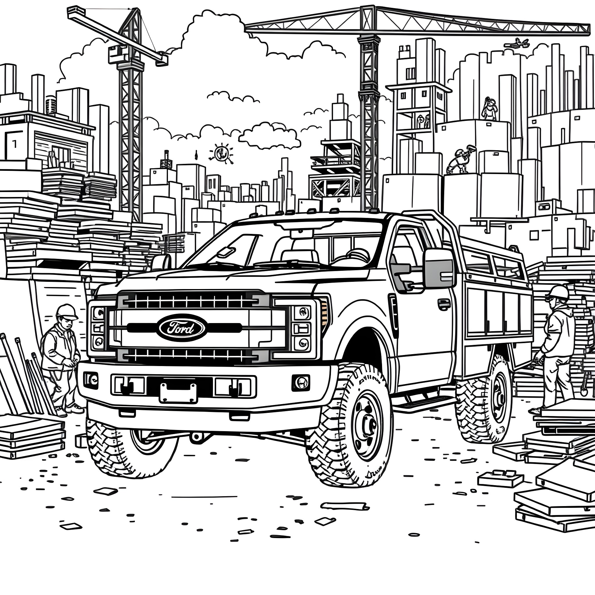 Ford Pickup Truck in a Construction Site Coloring Page (free black-and-white line drawing printable PDF for all, from beginners to advanced learners, including children, teens, adults, and seniors)