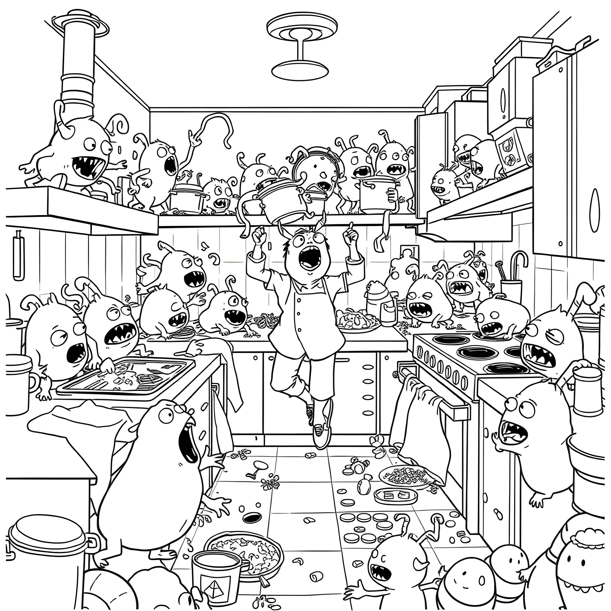 Monster characters in a chaotic kitchen scene Coloring Page (free black-and-white line drawing printable PDF for all, from beginners to advanced learners, including children, teens, adults, and seniors)