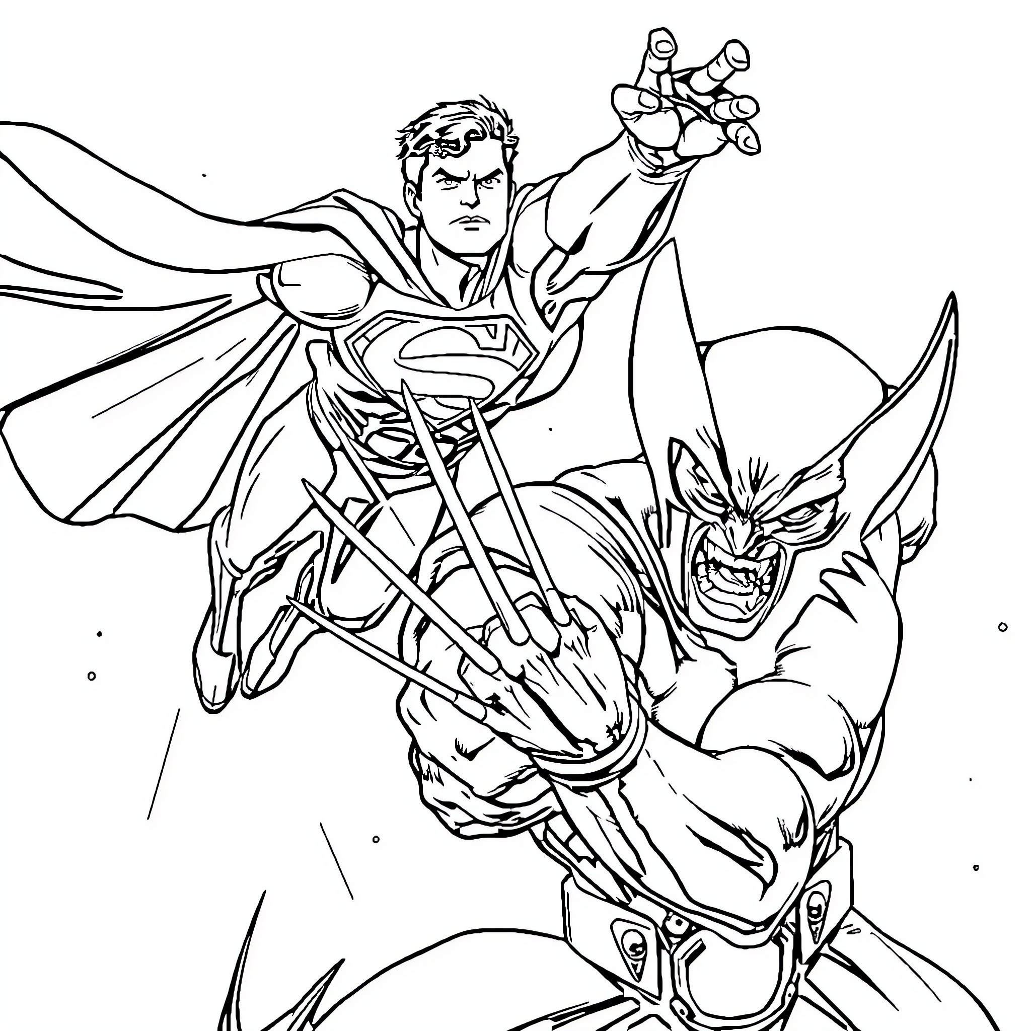 Superman Battles Fearsome Foe in Action-Packed Showdown Coloring Page (free black-and-white line drawing printable PDF for all, from beginners to advanced learners, including children, teens, adults, and seniors)