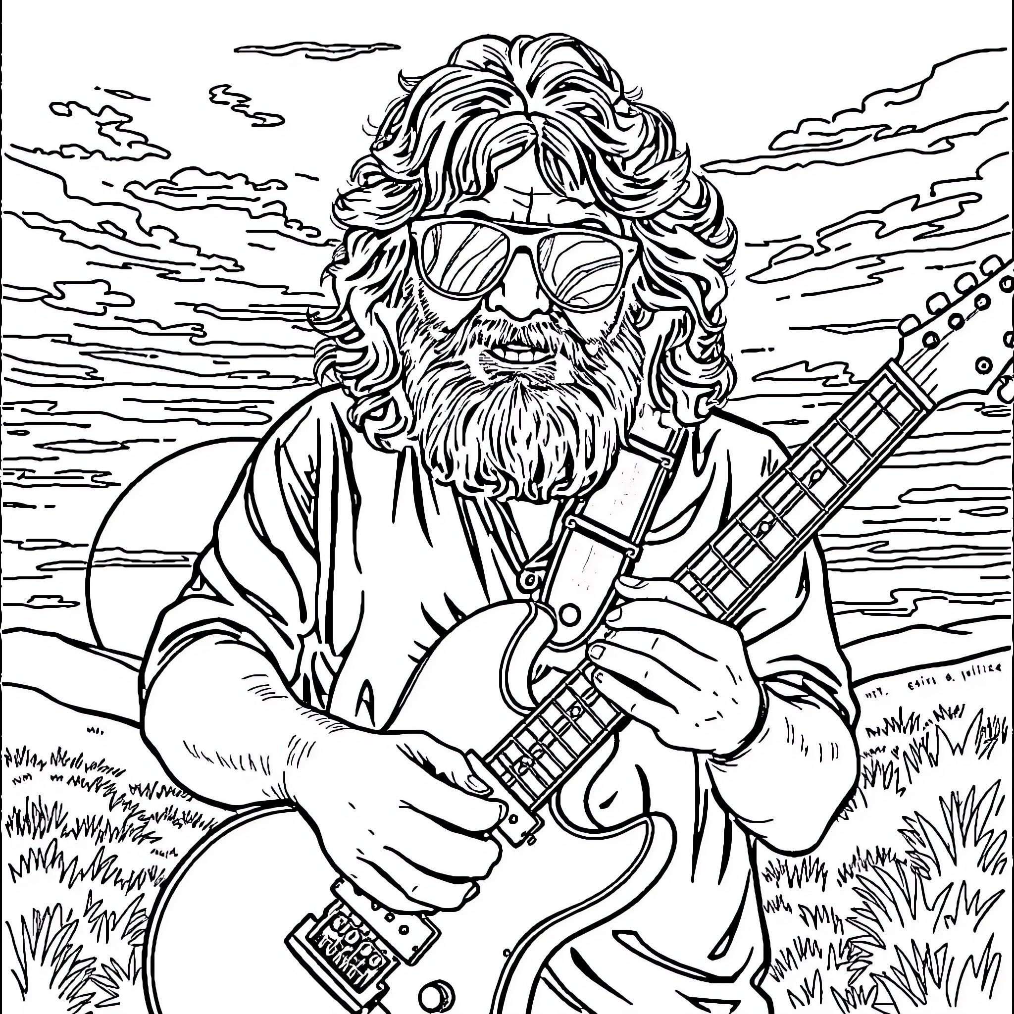 Jerry Garcia playing guitar in nature Coloring Page (free black-and-white line drawing printable PDF for all, from beginners to advanced learners, including children, teens, adults, and seniors)