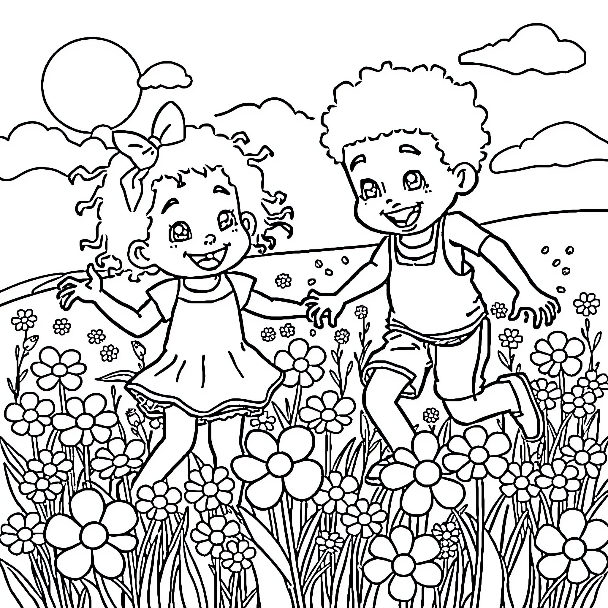 Kid friends playing in flower field Coloring Page (free black-and-white line drawing printable PDF for all, from beginners to advanced learners, including children, teens, adults, and seniors)