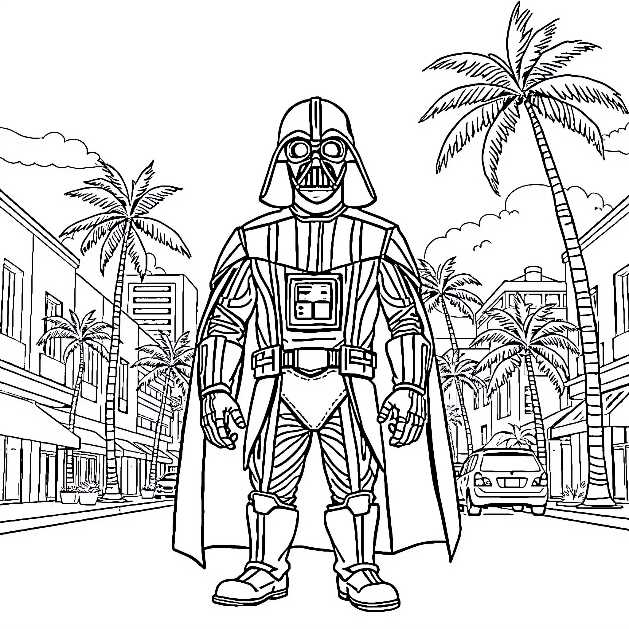 Darth Vader explores tropical city scenery Coloring Page (free black-and-white line drawing printable PDF for all, from beginners to advanced learners, including children, teens, adults, and seniors)