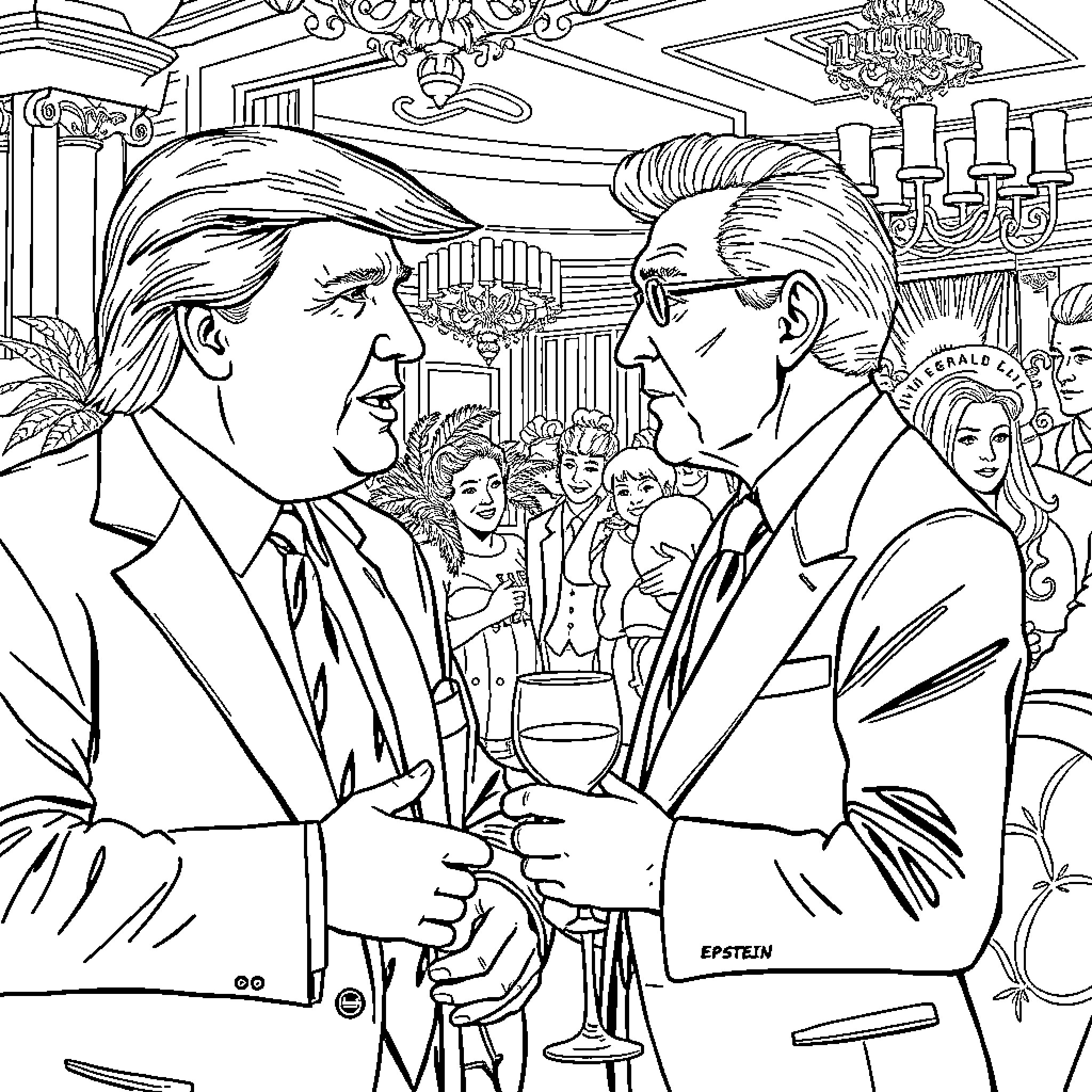 Donald Trump and his rival shaking hands at a formal event Coloring Page (free black-and-white line drawing printable PDF for all, from beginners to advanced learners, including children, teens, adults, and seniors)