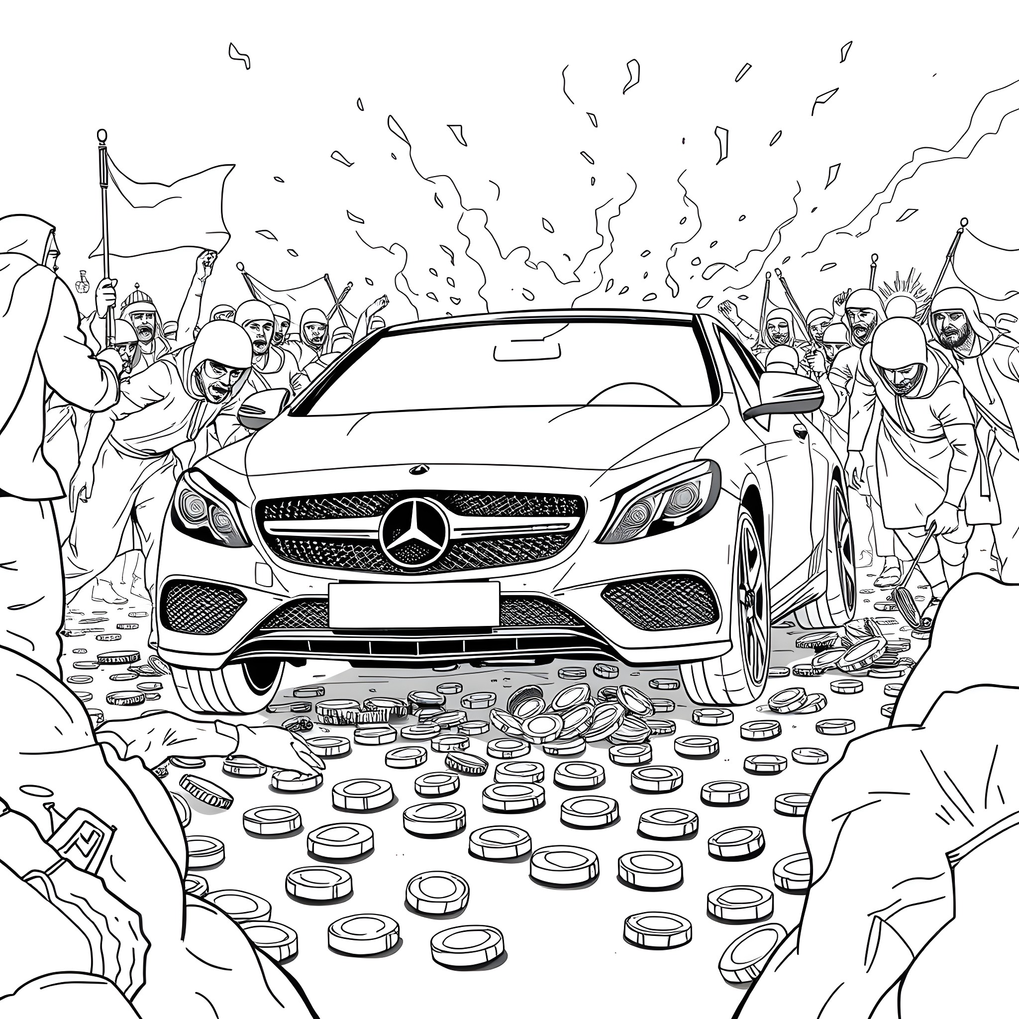Mercedes Car Triumphantly Surrounded by Crowd Coloring Page (free black-and-white line drawing printable PDF for all, from beginners to advanced learners, including children, teens, adults, and seniors)
