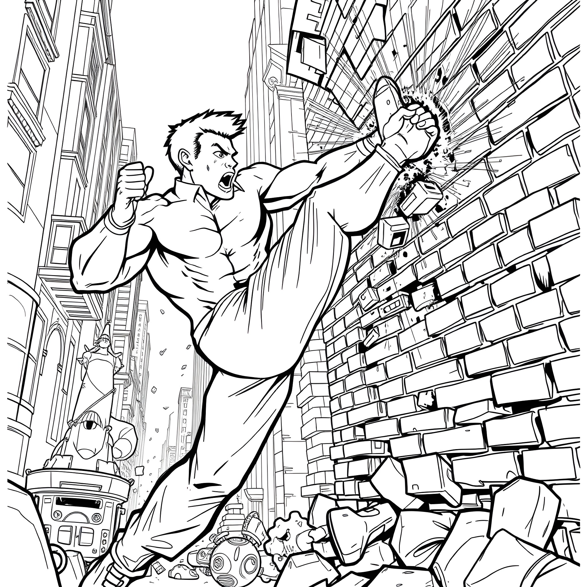 Talking Ben Breaks Through Brick Wall in Action Coloring Page (free black-and-white line drawing printable PDF for all, from beginners to advanced learners, including children, teens, adults, and seniors)