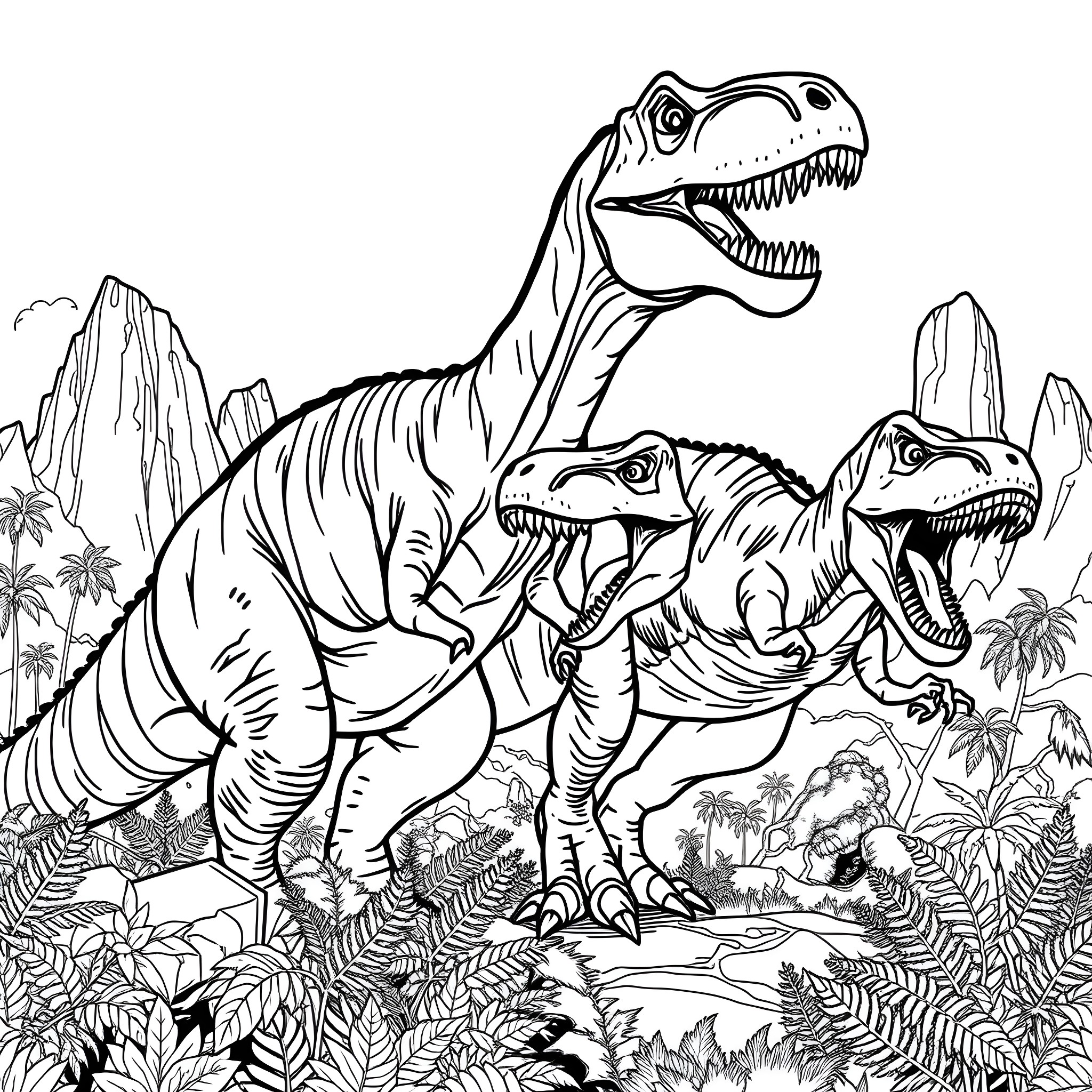 Dinosaurs roaming the prehistoric landscape Coloring Page (free black-and-white line drawing printable PDF for all, from beginners to advanced learners, including children, teens, adults, and seniors)