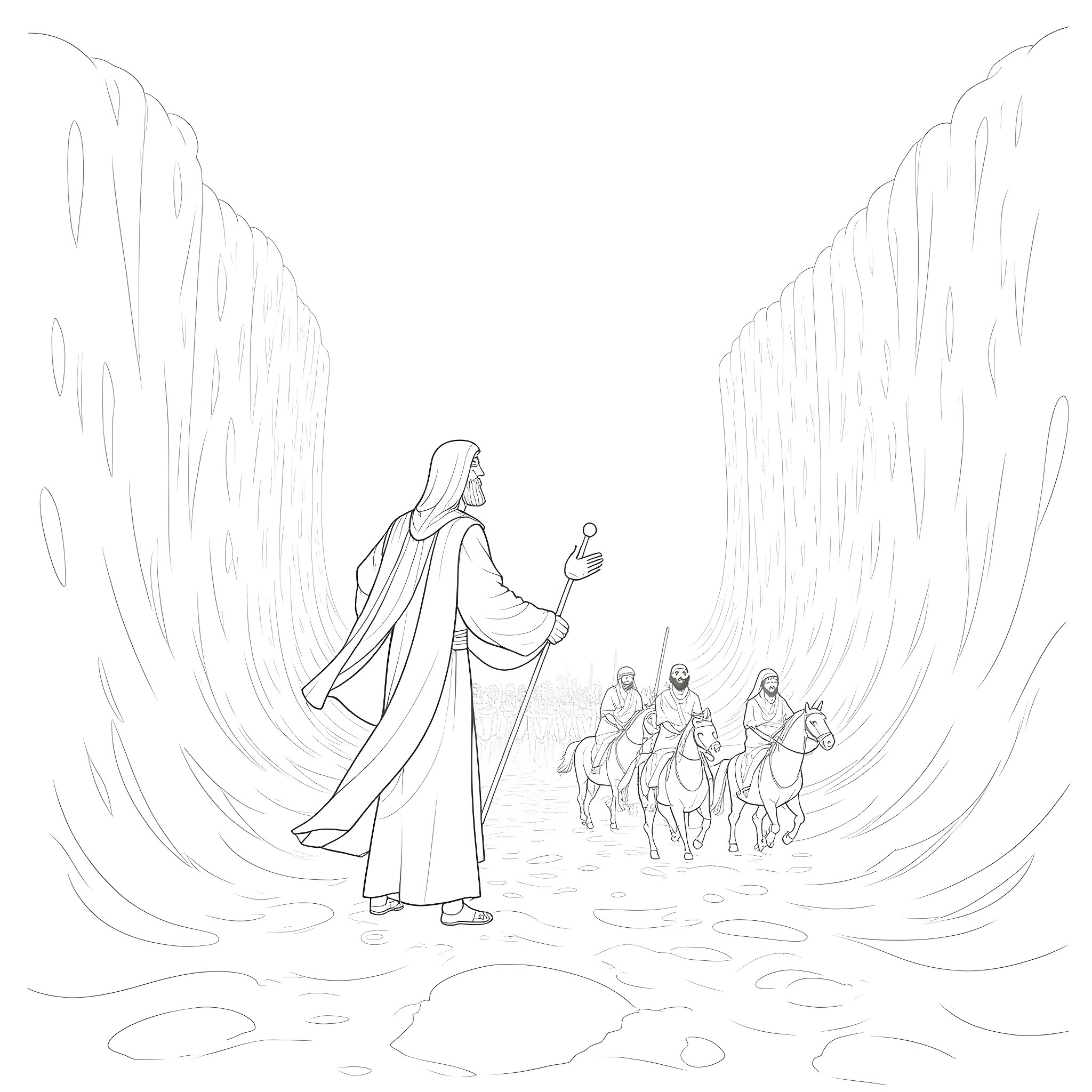 Moses Leads the People Through the Parting Sea Coloring Page (free black-and-white line drawing printable PDF for all, from beginners to advanced learners, including children, teens, adults, and seniors)