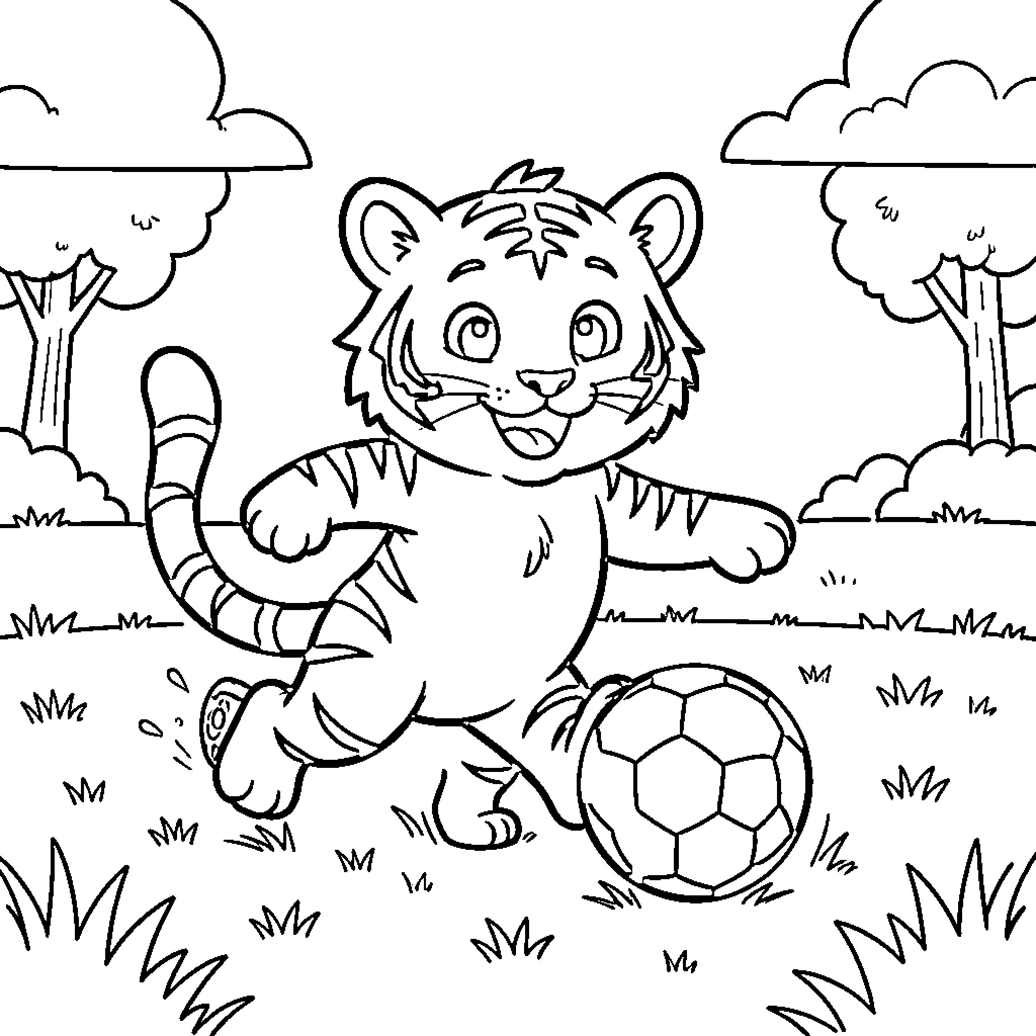 White Tiger playing soccer in a grassy field Coloring Page (free black-and-white line drawing printable PDF for all, from beginners to advanced learners, including children, teens, adults, and seniors)