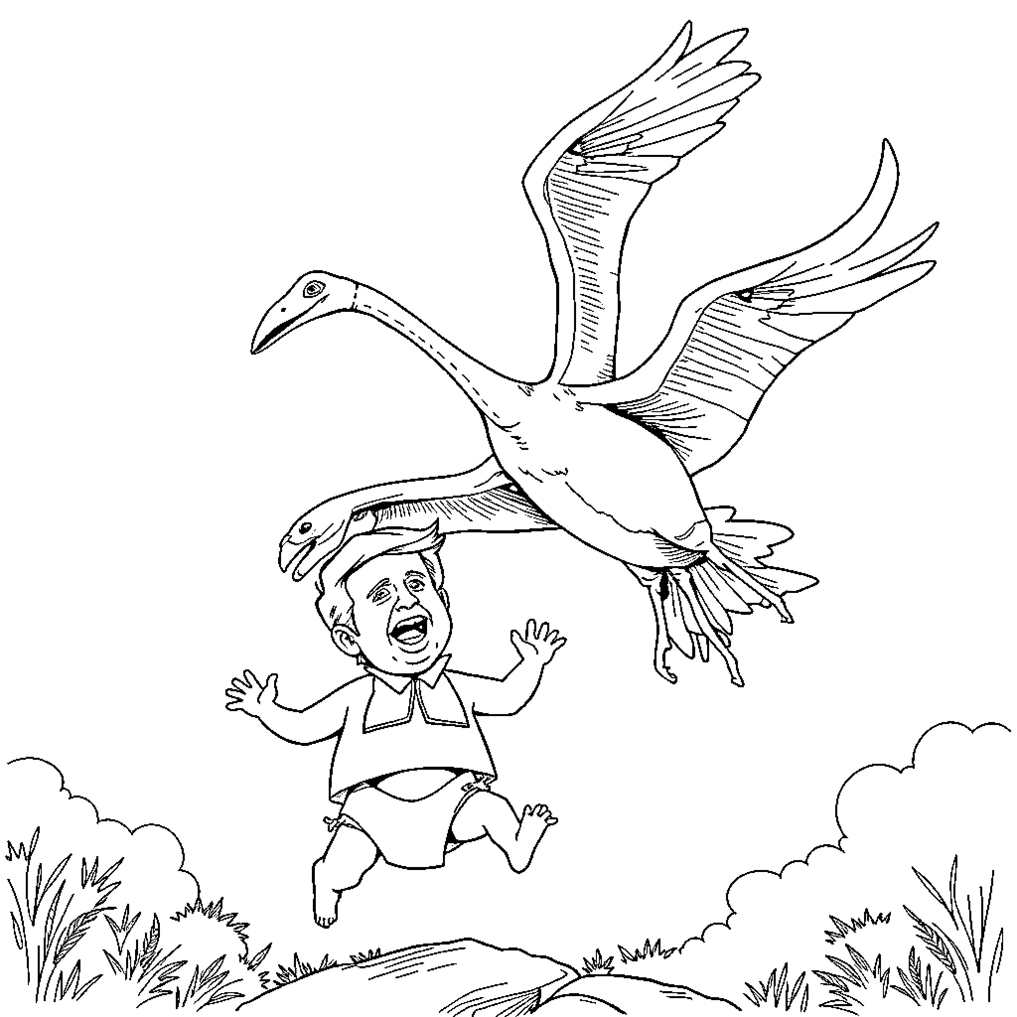 Pterodactyl swooping down on a child in nature Coloring Page (free black-and-white line drawing printable PDF for all, from beginners to advanced learners, including children, teens, adults, and seniors)