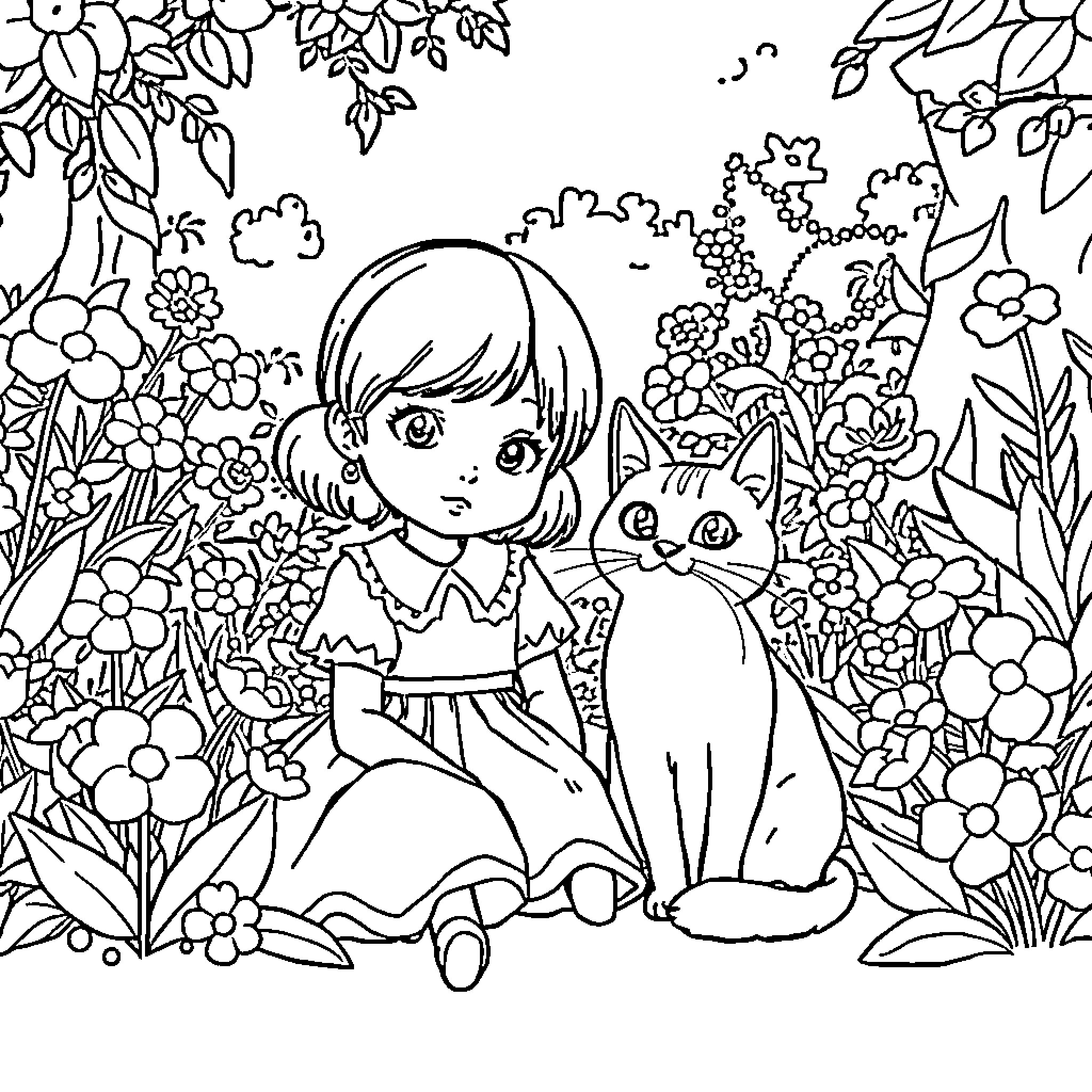 Girl with Cat in Flower Garden Coloring Page (free black-and-white line drawing printable PDF for all, from beginners to advanced learners, including children, teens, adults, and seniors)