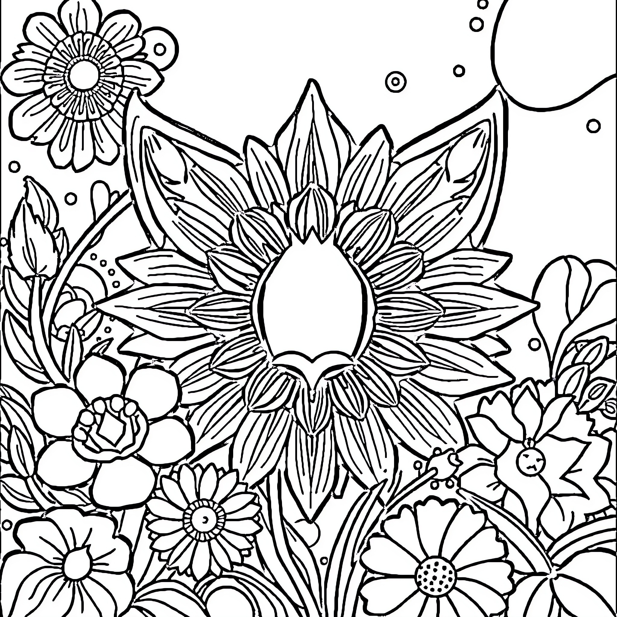 Floral Composition of Abstract Flower Designs Coloring Page (free black-and-white line drawing printable PDF for all, from beginners to advanced learners, including children, teens, adults, and seniors)