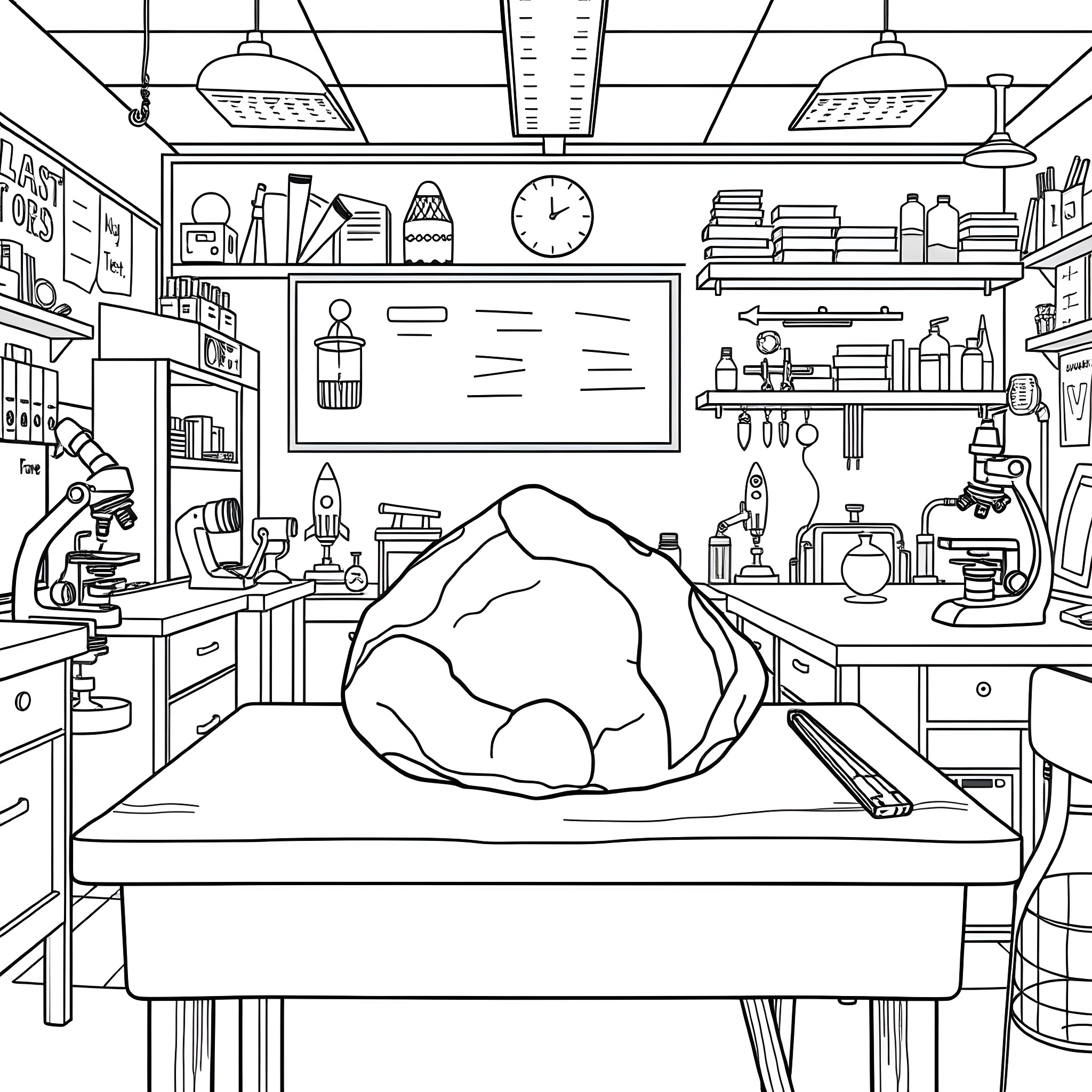 Pet Rock in a Science Lab Coloring Page (free black-and-white line drawing printable PDF for all, from beginners to advanced learners, including children, teens, adults, and seniors)