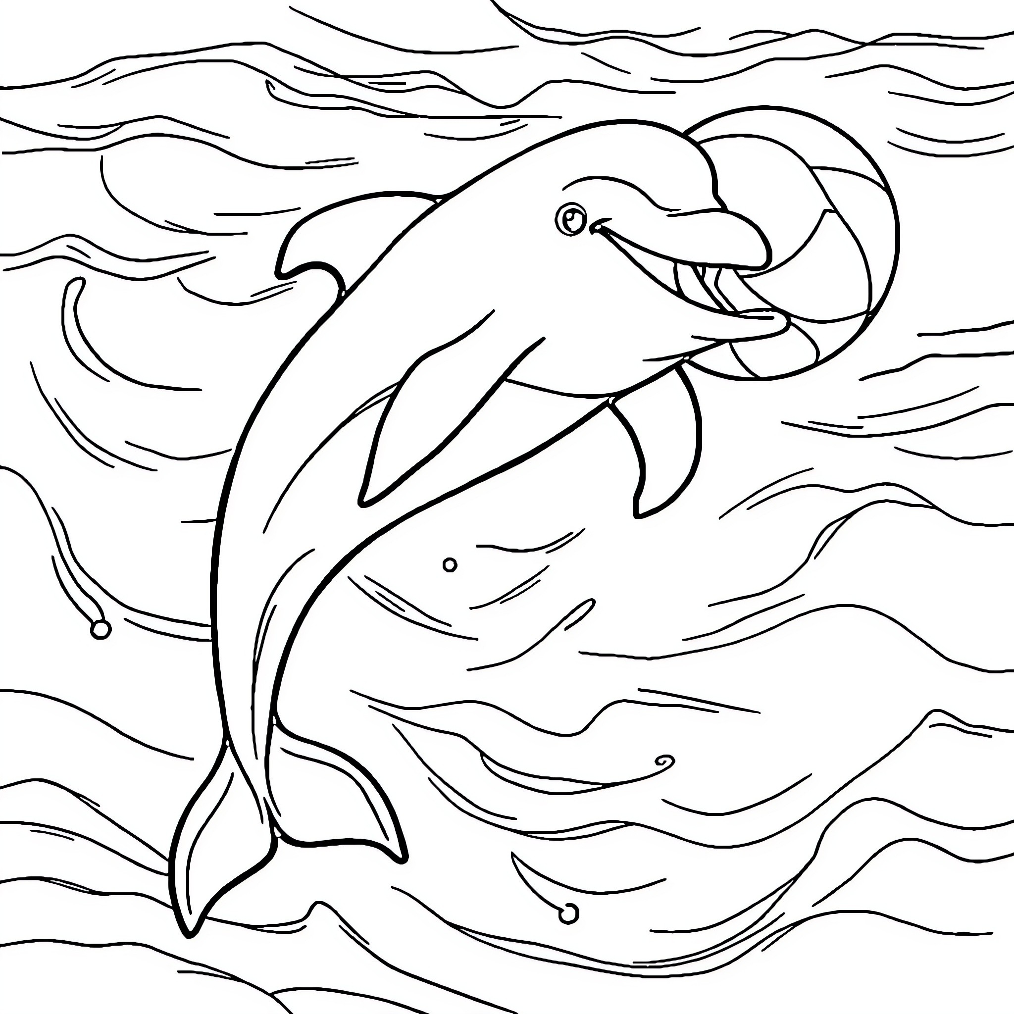 Dolphin jumping gracefully in the waves Coloring Page (free black-and-white line drawing printable PDF for all, from beginners to advanced learners, including children, teens, adults, and seniors)