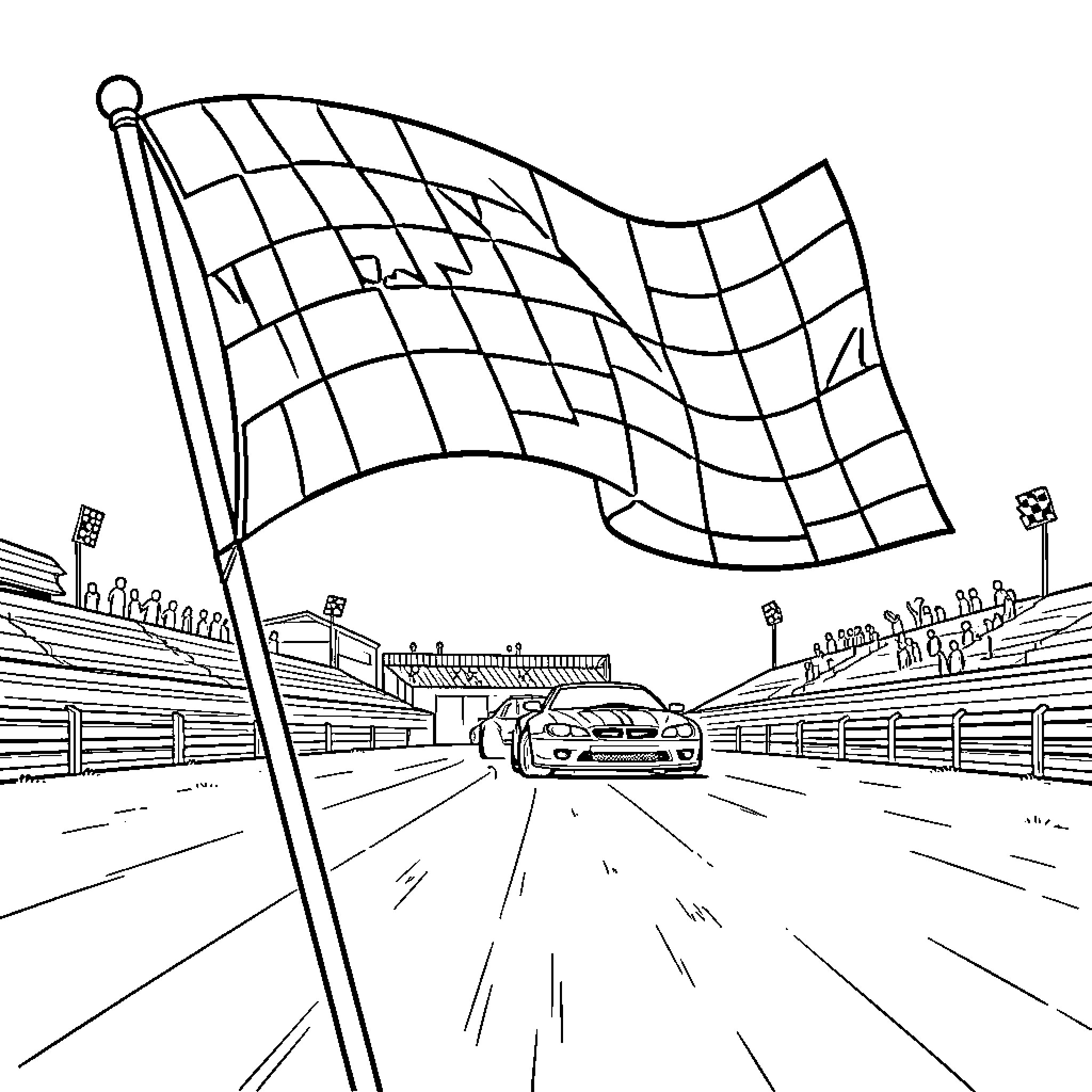 Racing Flag waving as cars cross the finish line Coloring Page (free black-and-white line drawing printable PDF for all, from beginners to advanced learners, including children, teens, adults, and seniors)