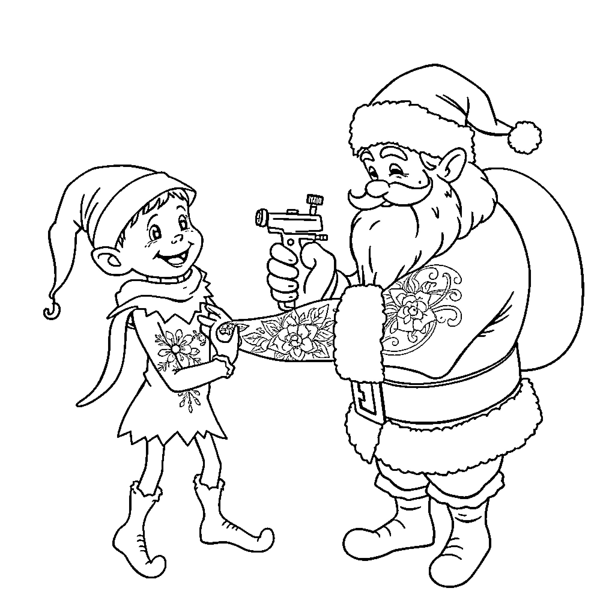 Santa and elf playing with toy guns Coloring Page (free black-and-white line drawing printable PDF for all, from beginners to advanced learners, including children, teens, adults, and seniors)