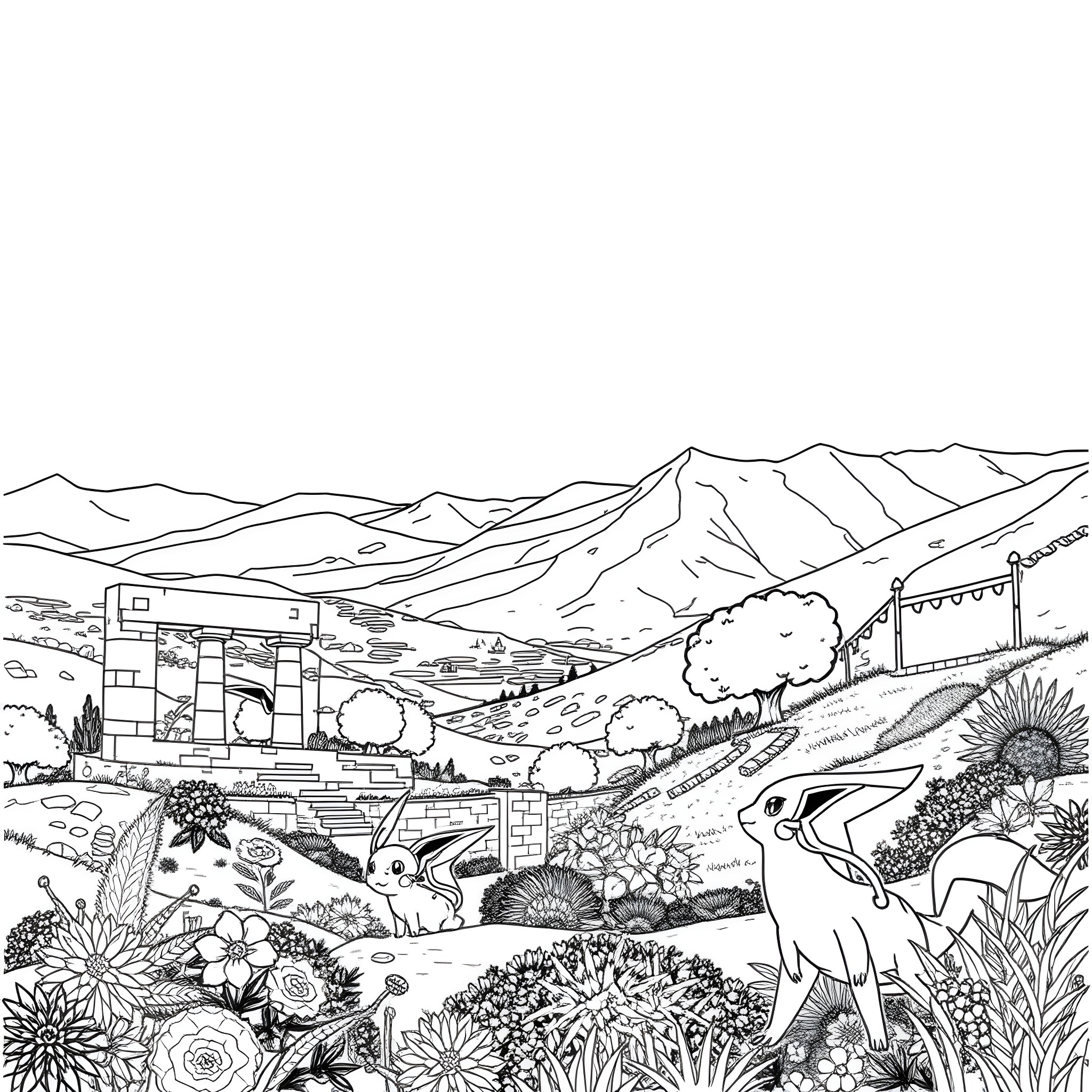 Pokémon characters exploring the mountainous countryside Coloring Page (free black-and-white line drawing printable PDF for all, from beginners to advanced learners, including children, teens, adults, and seniors)