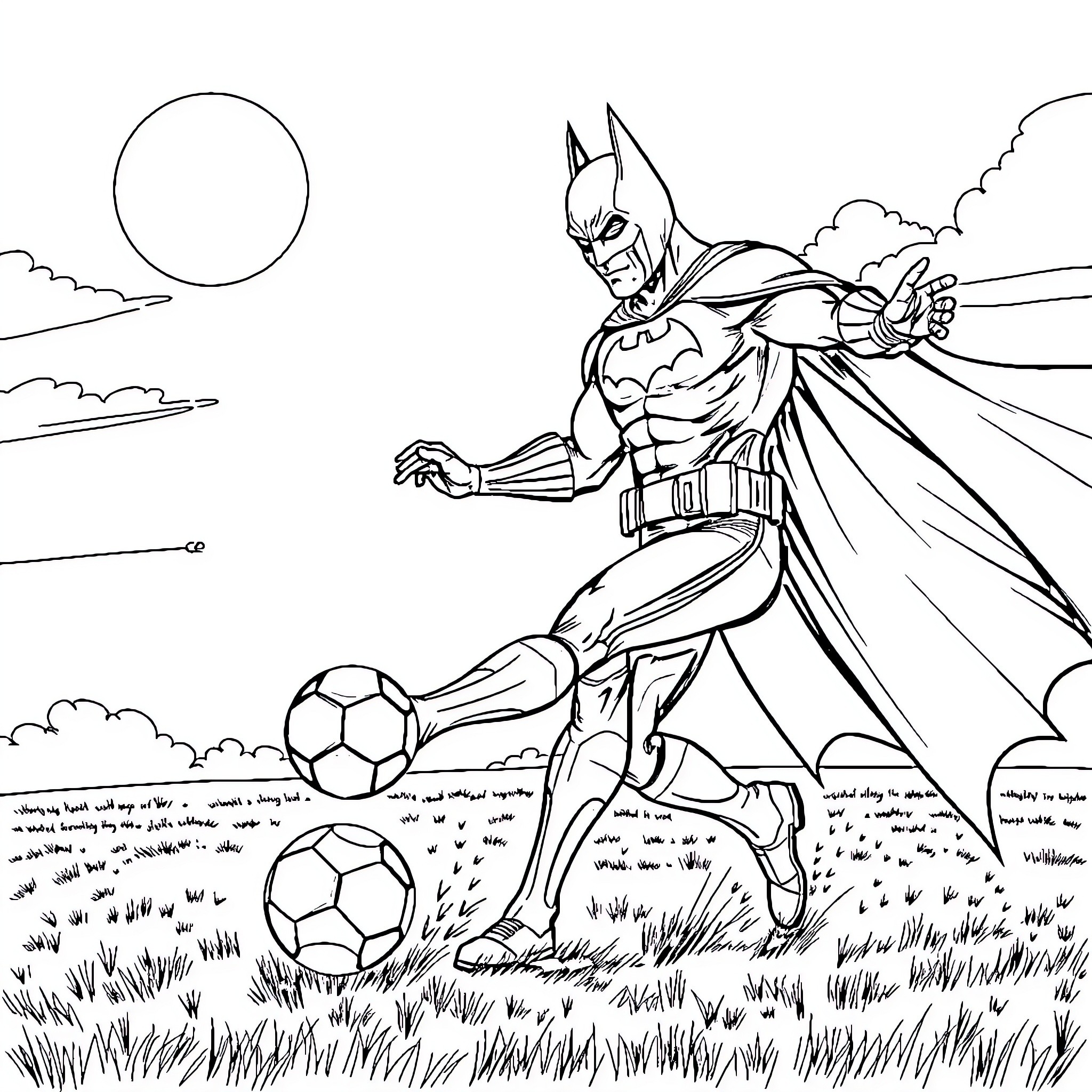 Batman playing soccer in a grassy field Coloring Page (free black-and-white line drawing printable PDF for all, from beginners to advanced learners, including children, teens, adults, and seniors)