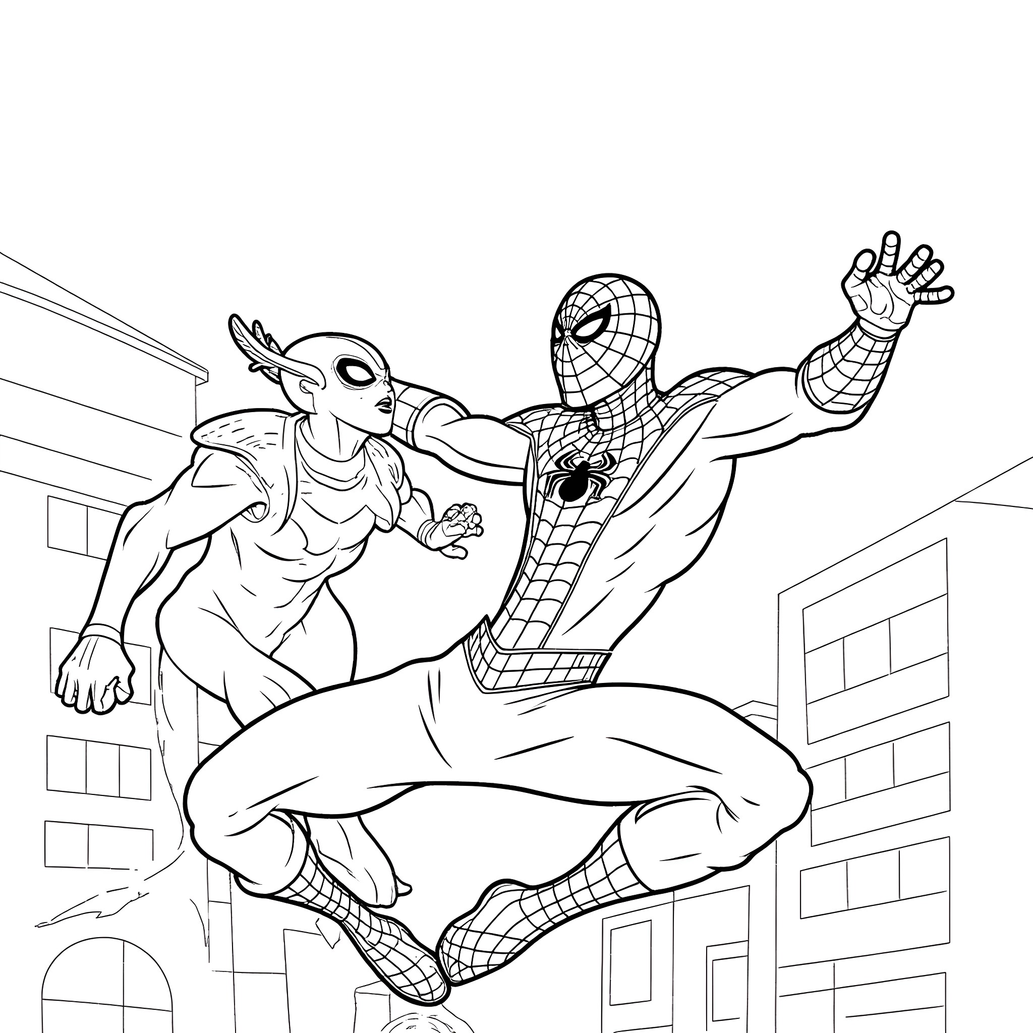 Spiderman swinging through the city battling a villain Coloring Page (free black-and-white line drawing printable PDF for all, from beginners to advanced learners, including children, teens, adults, and seniors)
