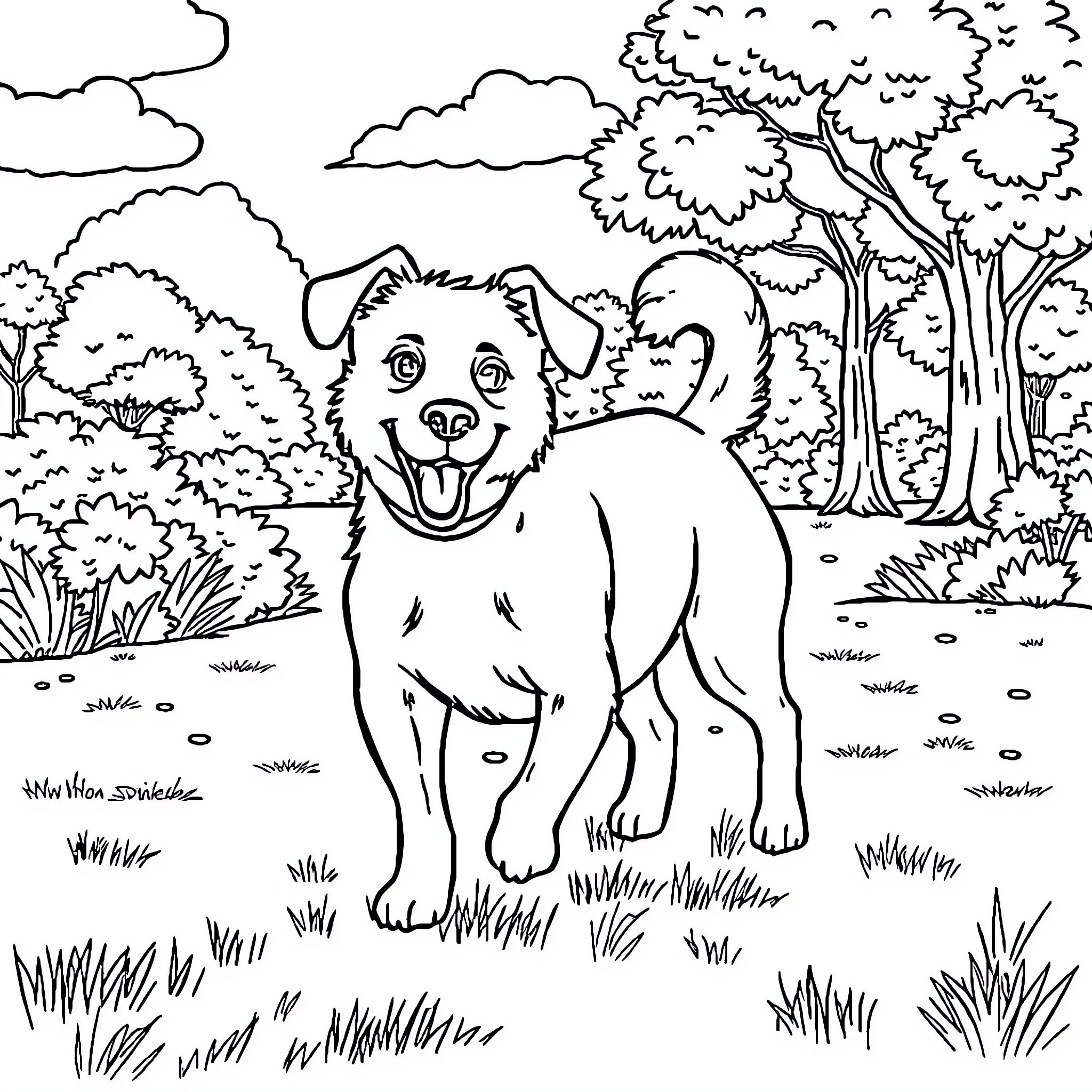 Dog exploring the lush forest landscape Coloring Page (free black-and-white line drawing printable PDF for all, from beginners to advanced learners, including children, teens, adults, and seniors)