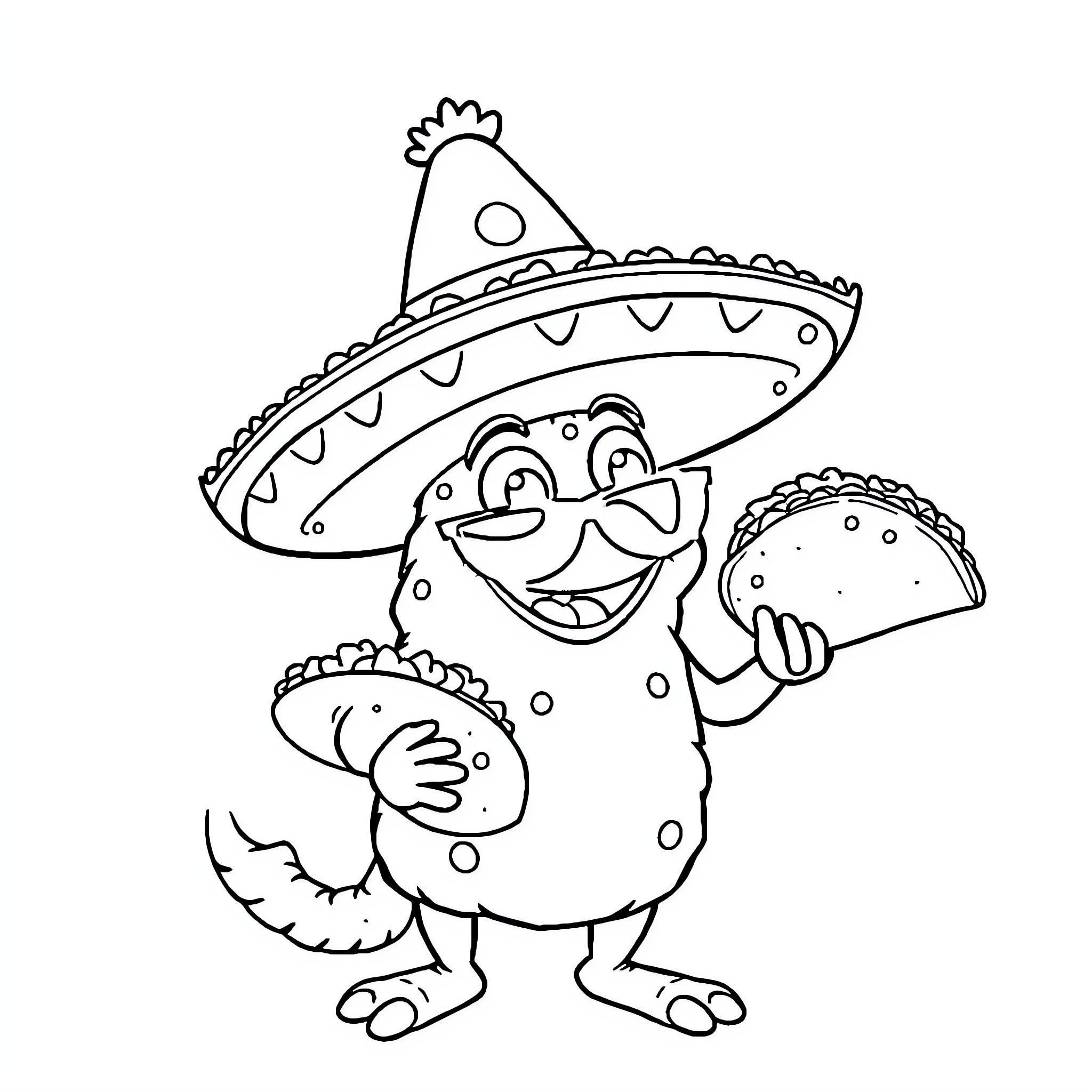 Brainrot: Cheerful monster with sombrero enjoying taco Coloring Page (free black-and-white line drawing printable PDF for all, from beginners to advanced learners, including children, teens, adults, and seniors)