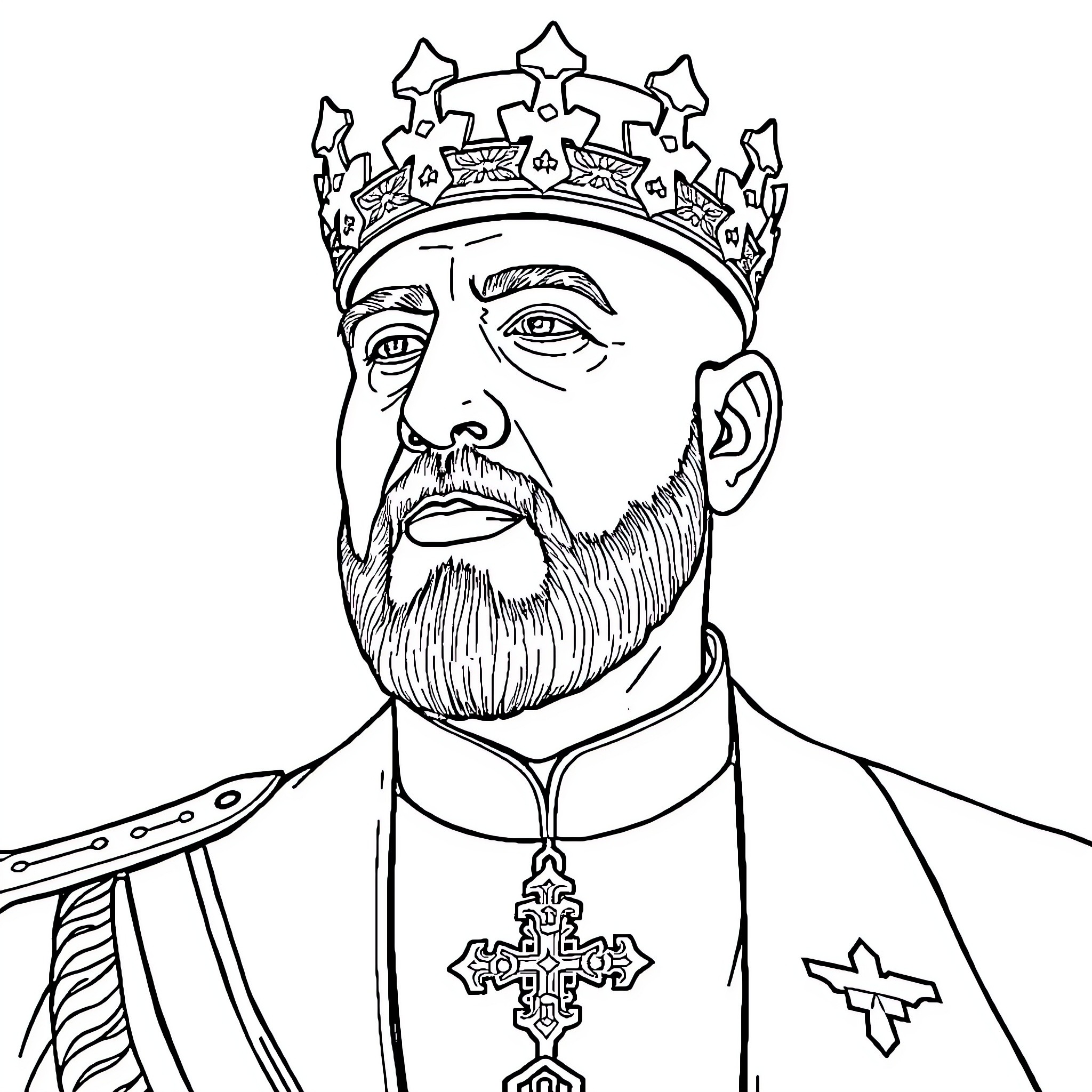 Mohammed 6 in Royal Attire and Crown Coloring Page (free black-and-white line drawing printable PDF for all, from beginners to advanced learners, including children, teens, adults, and seniors)
