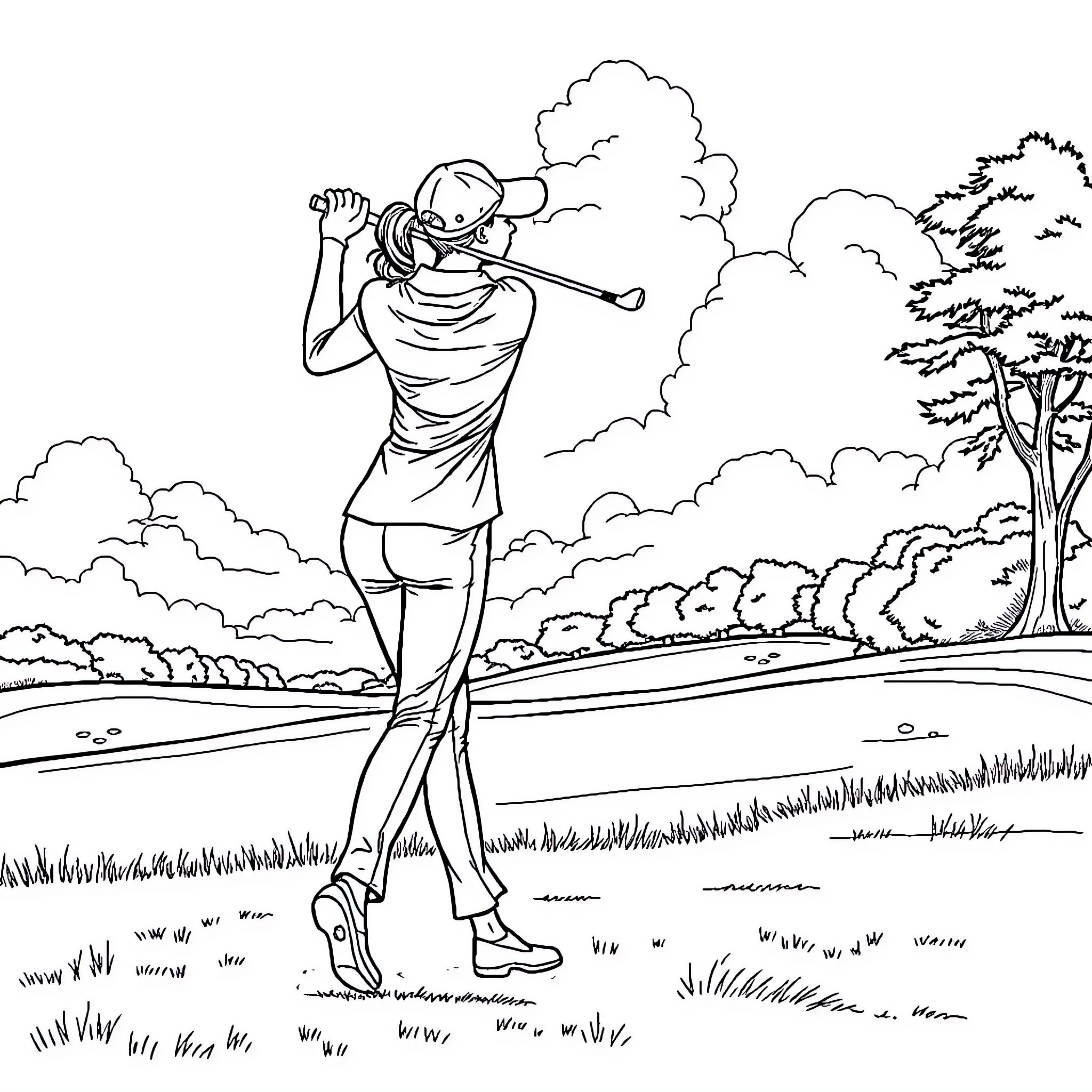 Golfer swinging club on fairway surrounded by nature Coloring Page (free black-and-white line drawing printable PDF for all, from beginners to advanced learners, including children, teens, adults, and seniors)