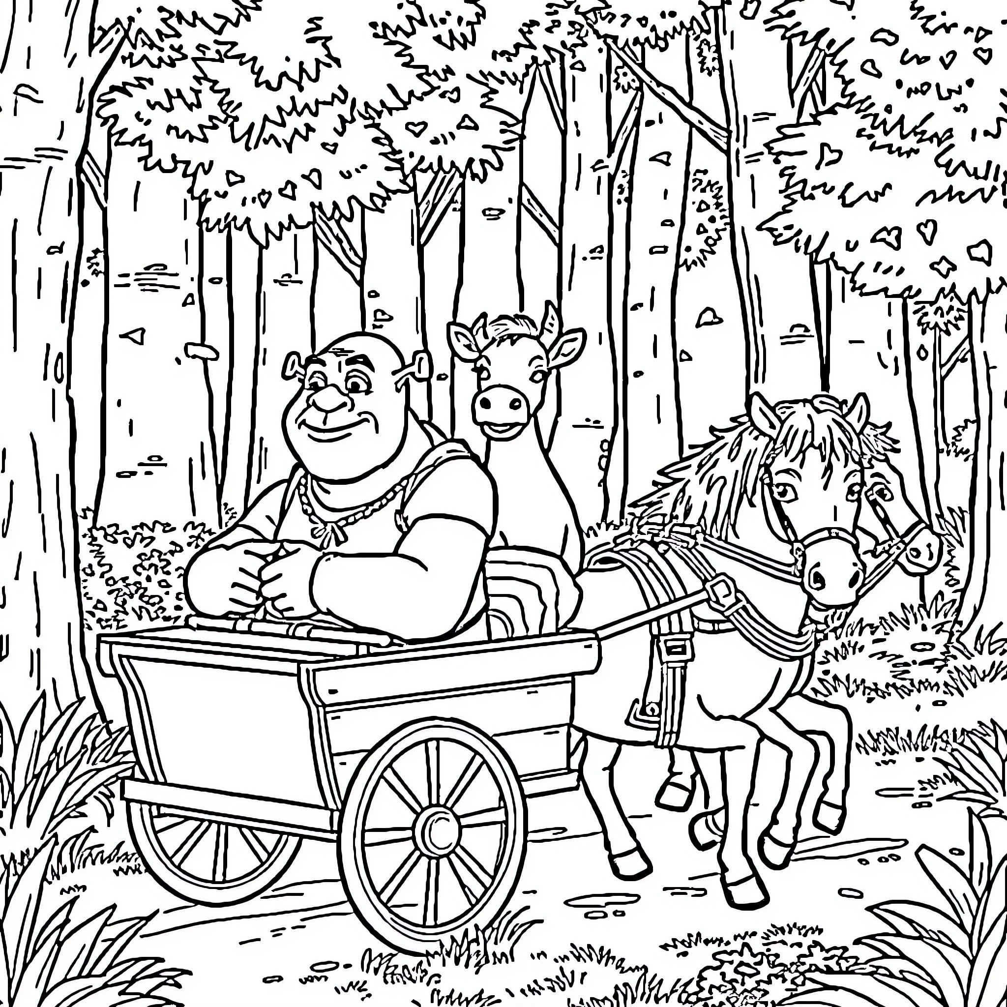 Shrek and Donkey's Adventurous Forest Ride Coloring Page (free black-and-white line drawing printable PDF for all, from beginners to advanced learners, including children, teens, adults, and seniors)