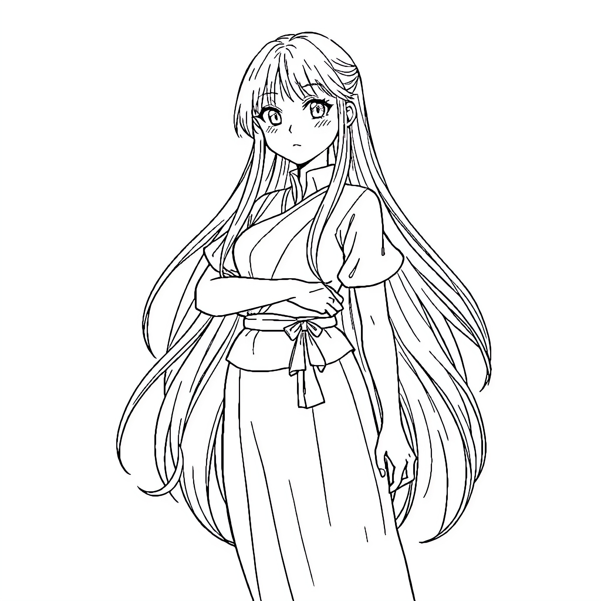 Hinata in traditional Japanese attire Coloring Page (free black-and-white line drawing printable PDF for all, from beginners to advanced learners, including children, teens, adults, and seniors)