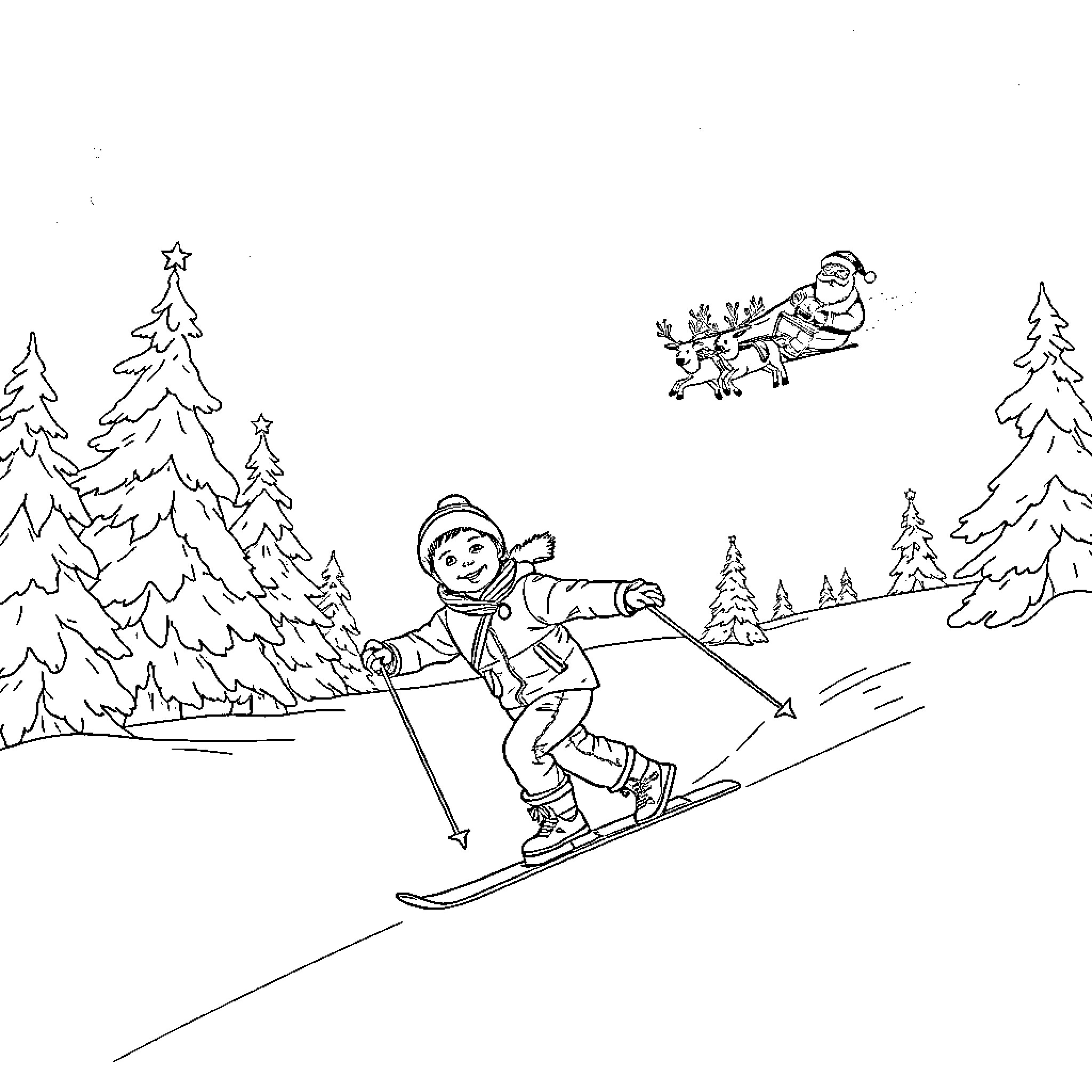 Boy skiing down snowy slopes with Santa overhead Coloring Page (free black-and-white line drawing printable PDF for all, from beginners to advanced learners, including children, teens, adults, and seniors)