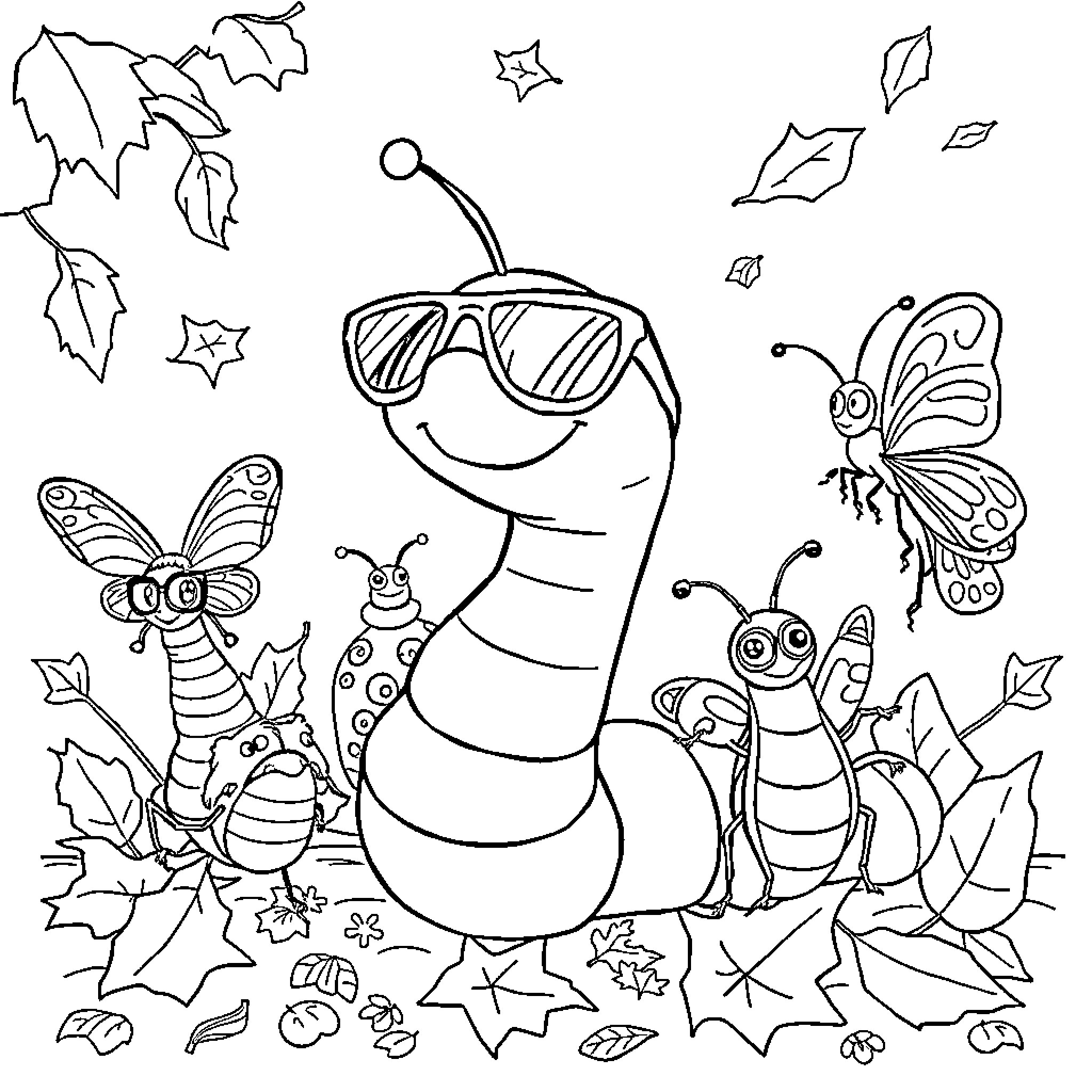 Worm in Autumn with Insects and Leaves Coloring Page (free black-and-white line drawing printable PDF for all, from beginners to advanced learners, including children, teens, adults, and seniors)